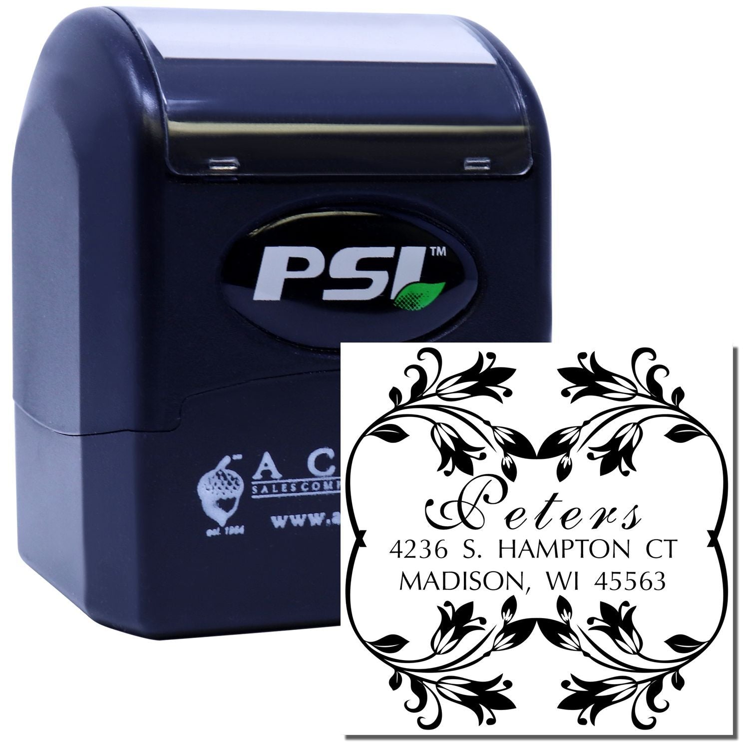PSI self-inking rubber stamp with custom floral address design for personalized business mailing.