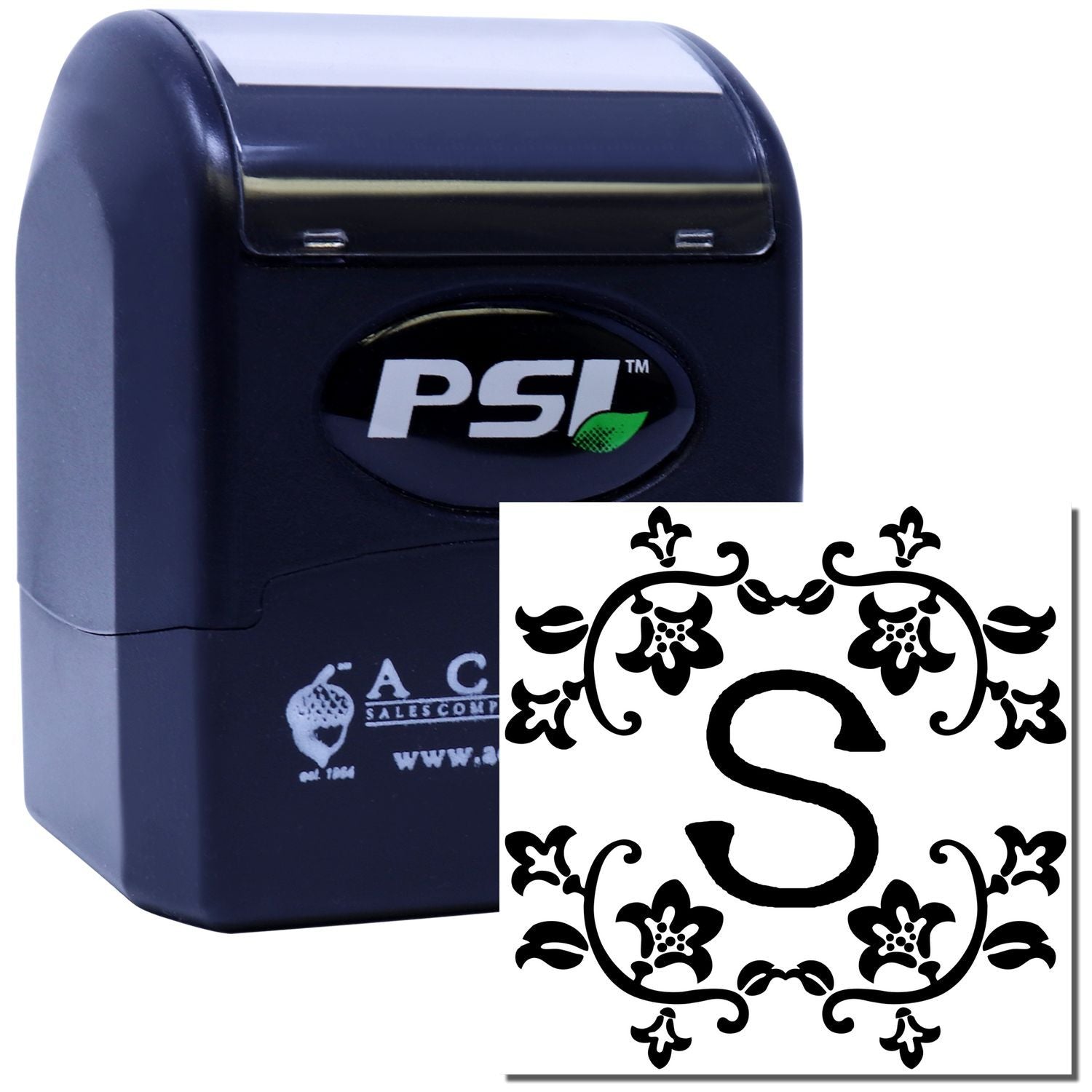 PSI self-inking rubber stamp with ornate floral monogram S design for custom personalized stamping.