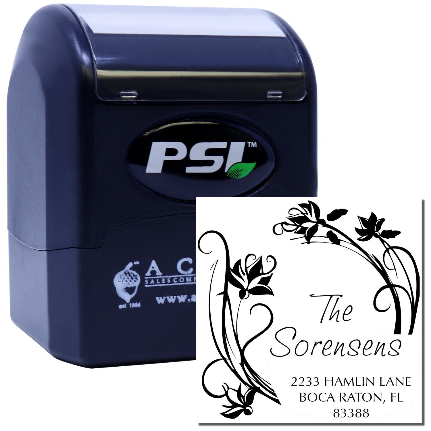 PSI self-inking rubber stamp with custom floral address design for personalized wedding or business mailing stamps