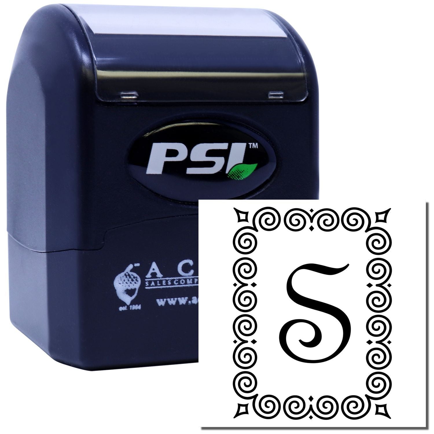 Custom self-inking rubber stamp with ornate letter S monogram for personalizing cards, stationery, and packaging.