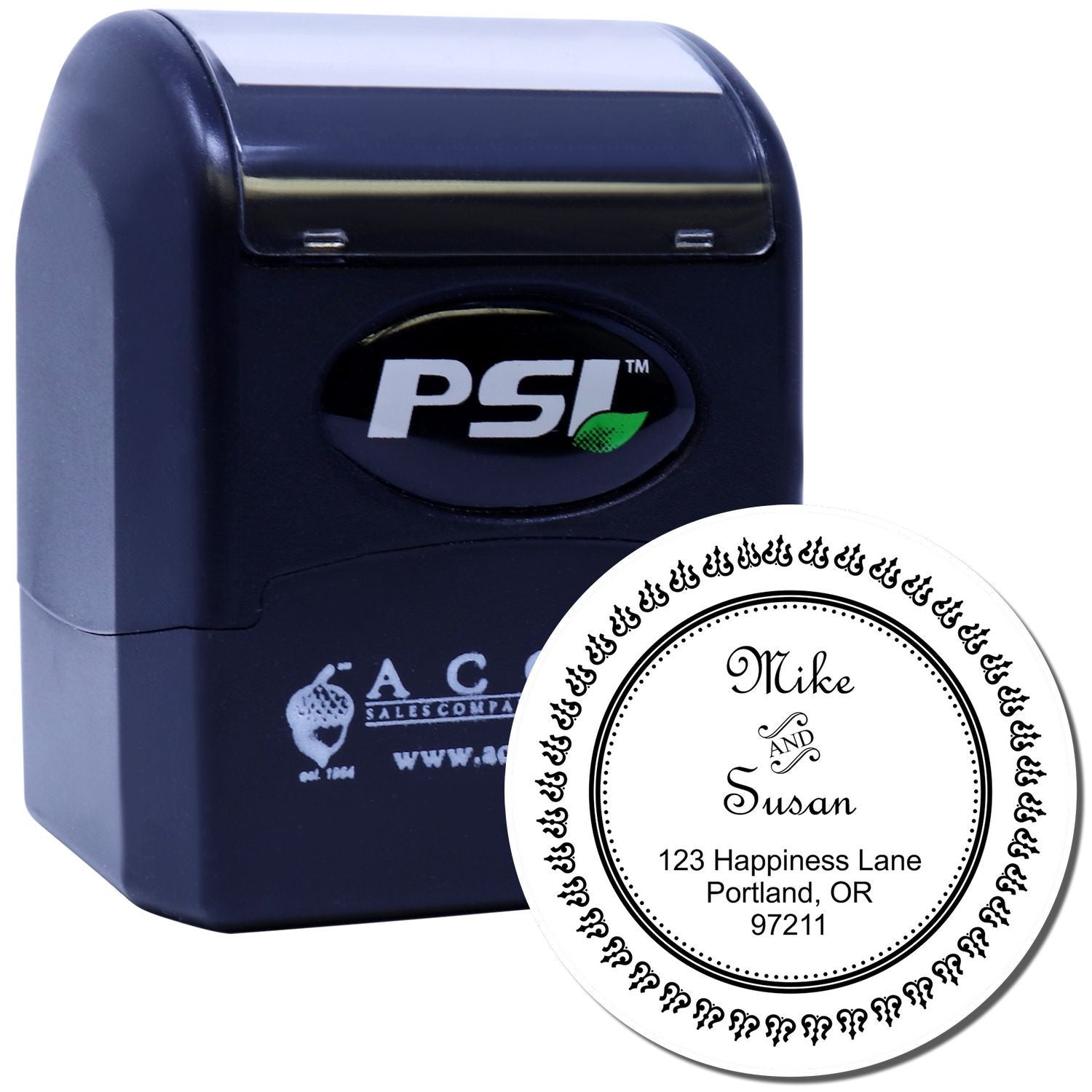 PSI self-inking rubber stamp with custom return address design for Mike and Susan, Portland, OR mailing and business use