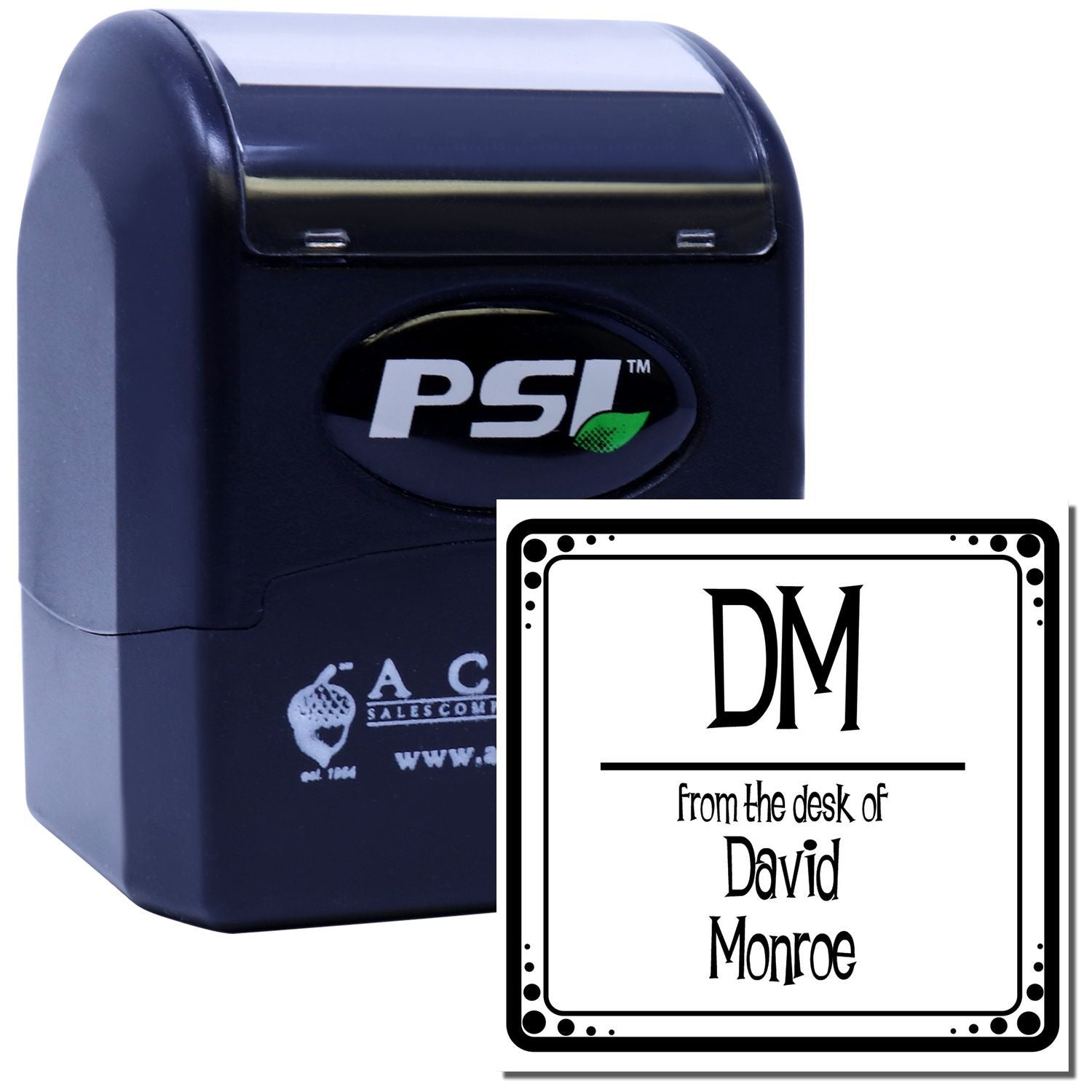 Custom self-inking rubber stamp with personalized From the Desk of David Monroe monogram design for office use.