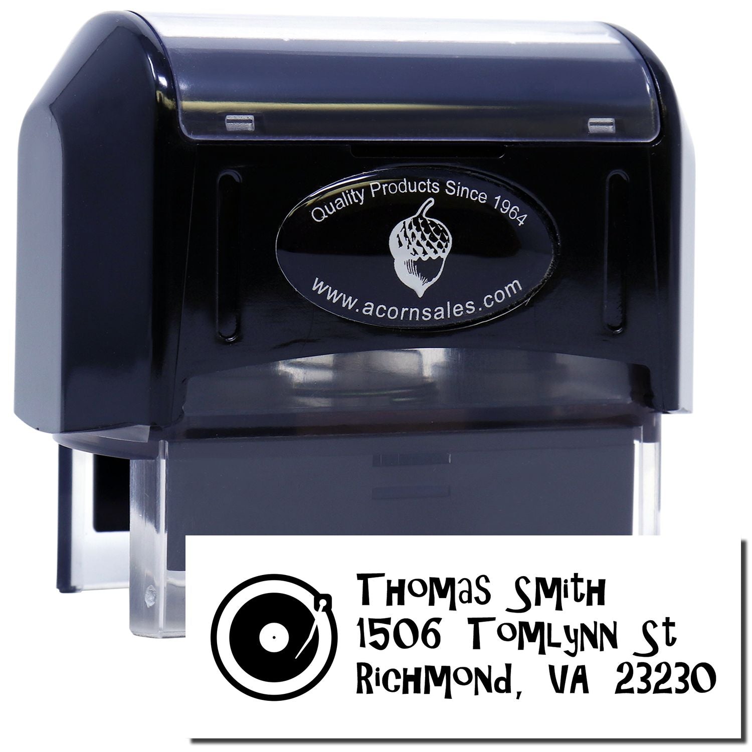Custom self-inking rubber address stamp with name, street, and Richmond, VA return address.