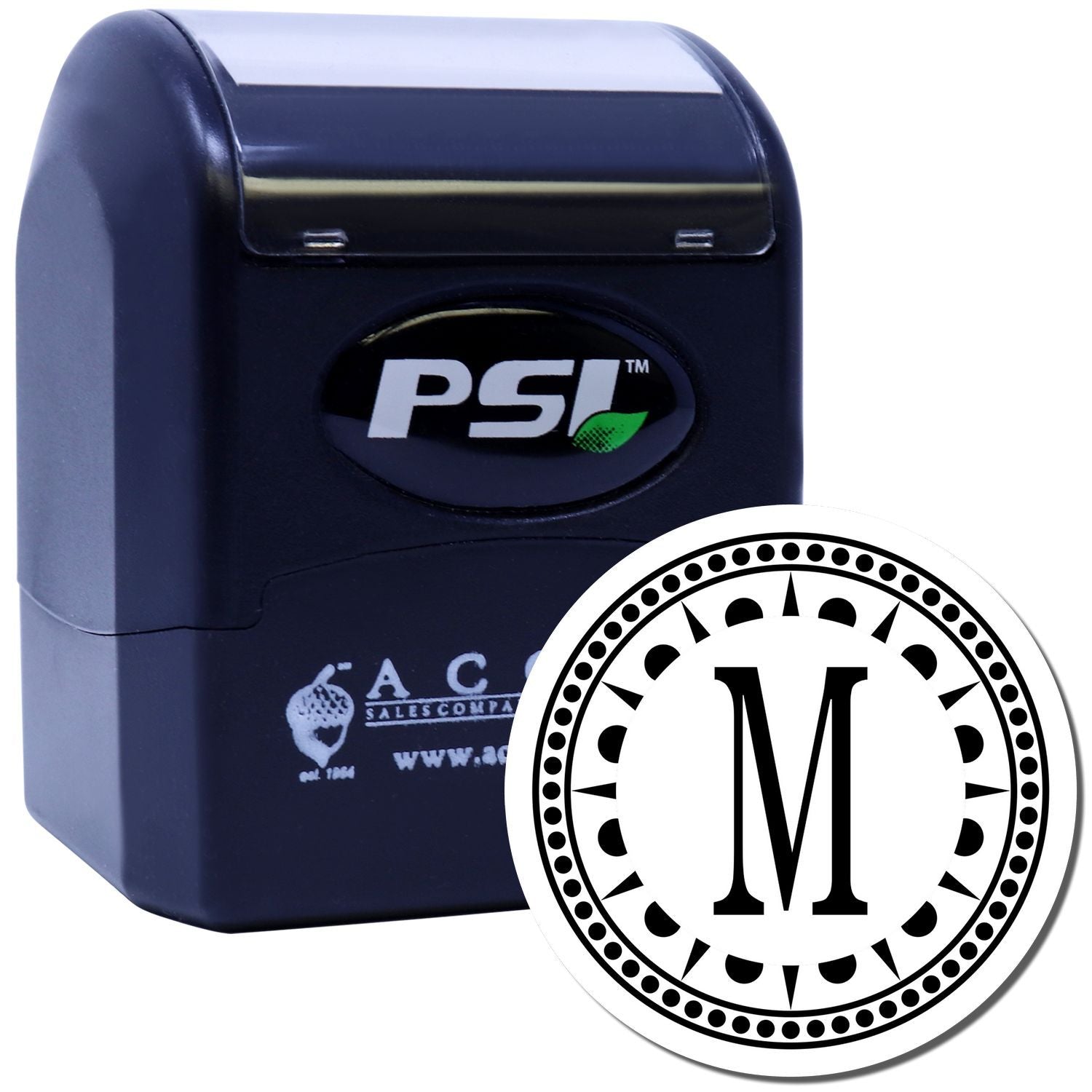 Custom self-inking rubber stamp with monogram M design, PSI stamp machine for personalized business stamping.