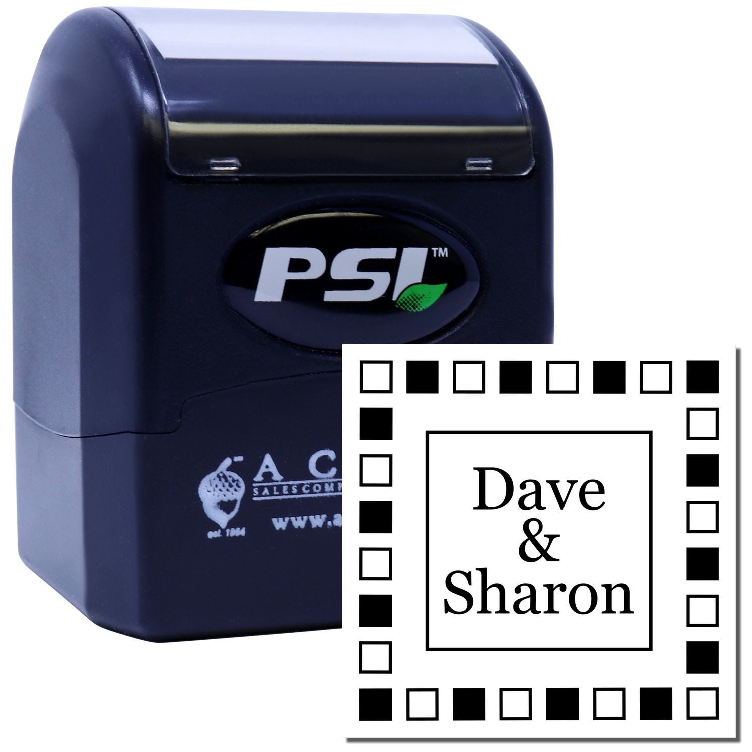 PSI self-inking custom rubber stamp for personalized Dave & Sharon wedding or address stamping