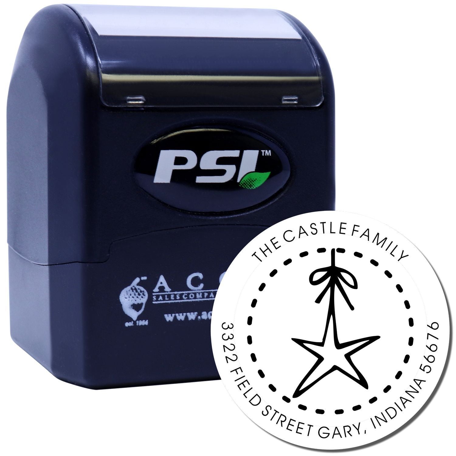 Custom PSI self-inking rubber stamp with round family address design for mailing, business branding, and personalized envelopes.