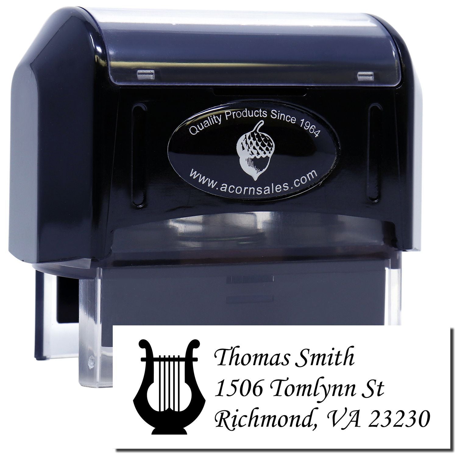 Custom self-inking rubber address stamp with harp logo and Thomas Smith return address, Richmond, VA 23230.