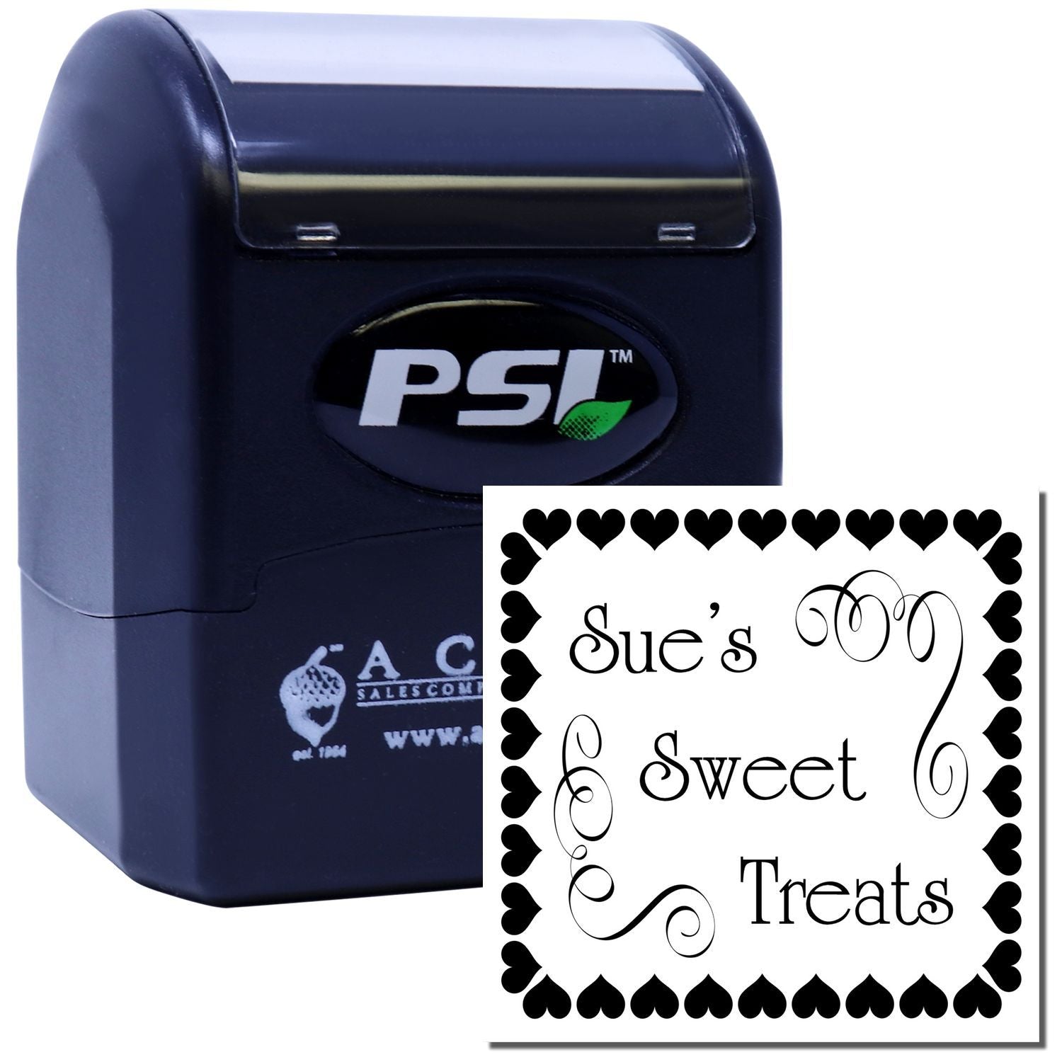 PSI self-inking rubber stamp with heart border, custom Sues Sweet Treats design for bakery labels and packaging.