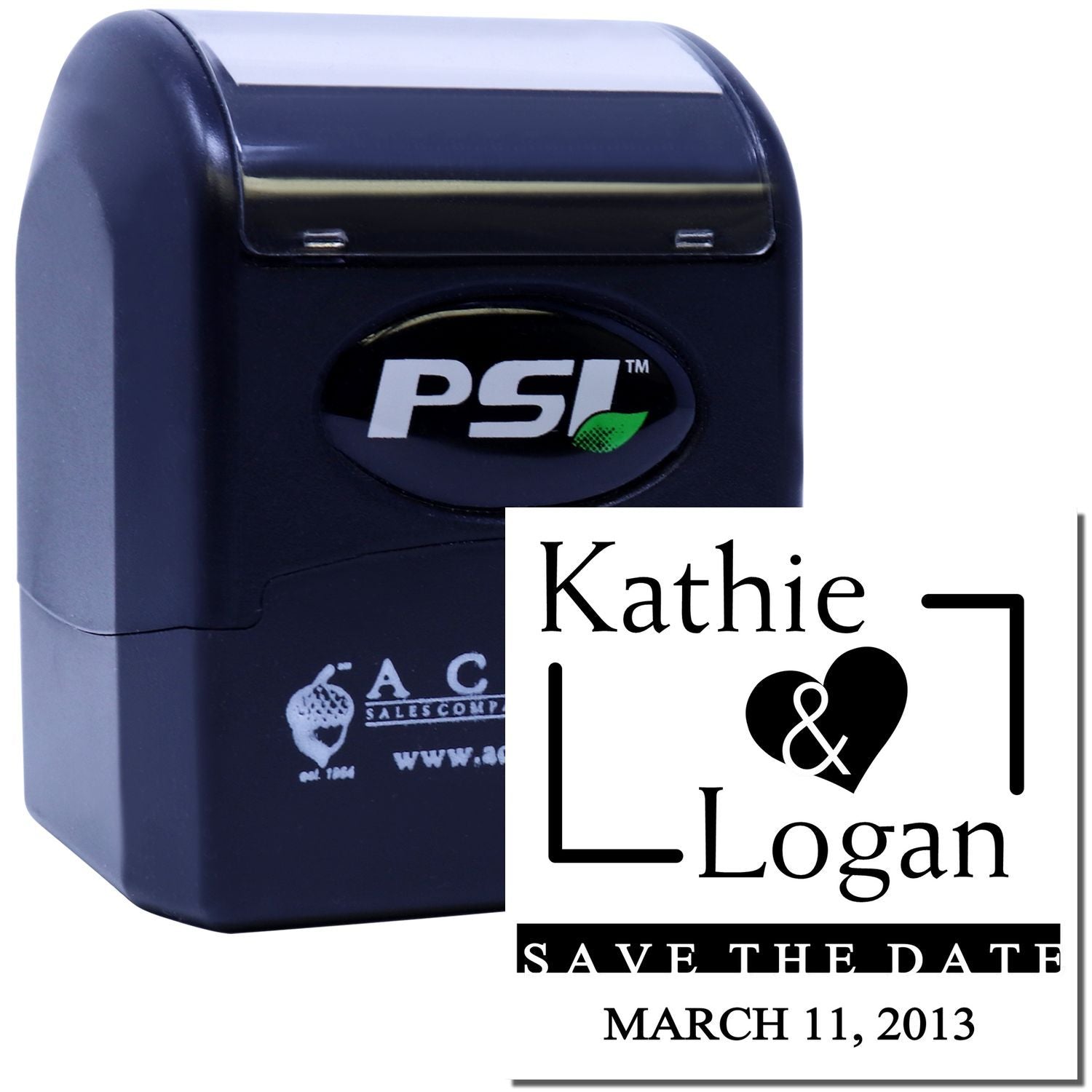 Personalized self-inking rubber stamp preview with PSI stamp and Kathie and Logan save the date wedding design.
