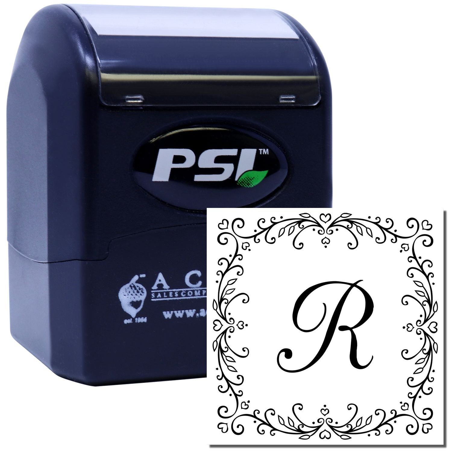 PSI self-inking custom rubber stamp with ornate monogram letter R for personalized branding and stationery.