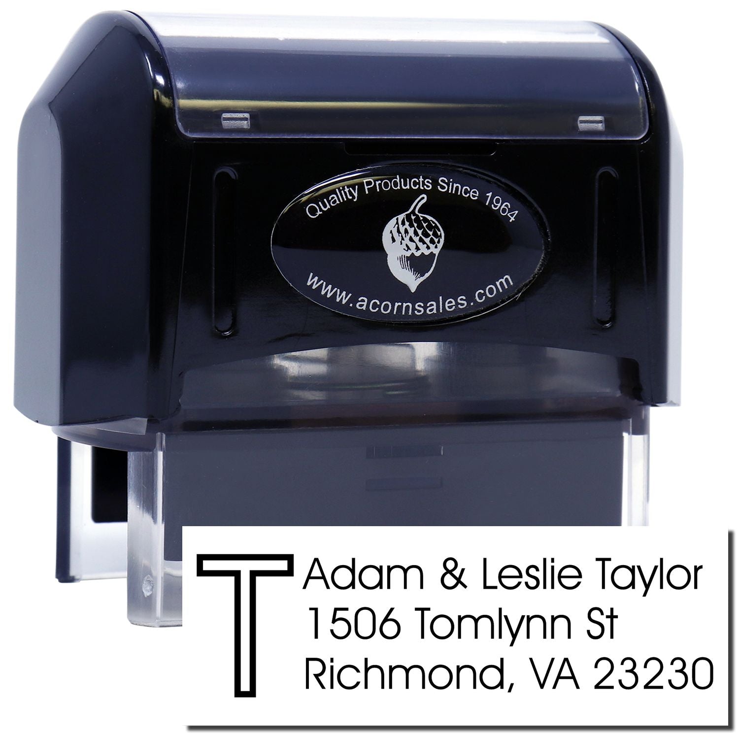 Personalized self-inking address rubber stamp for Adam & Leslie Taylor, Richmond, VA 23230
