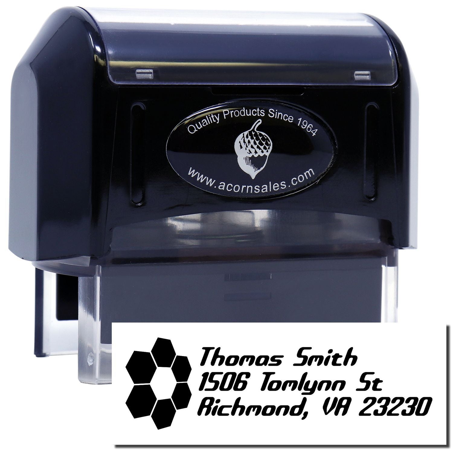 Custom self-inking rubber stamp with business address and logo for mailing and branding