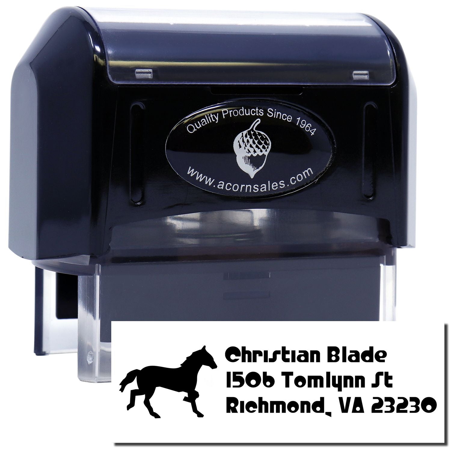 Custom self-inking rubber address stamp with horse logo for Christian Blade, 1506 Tomlynn St, Richmond, VA 23230