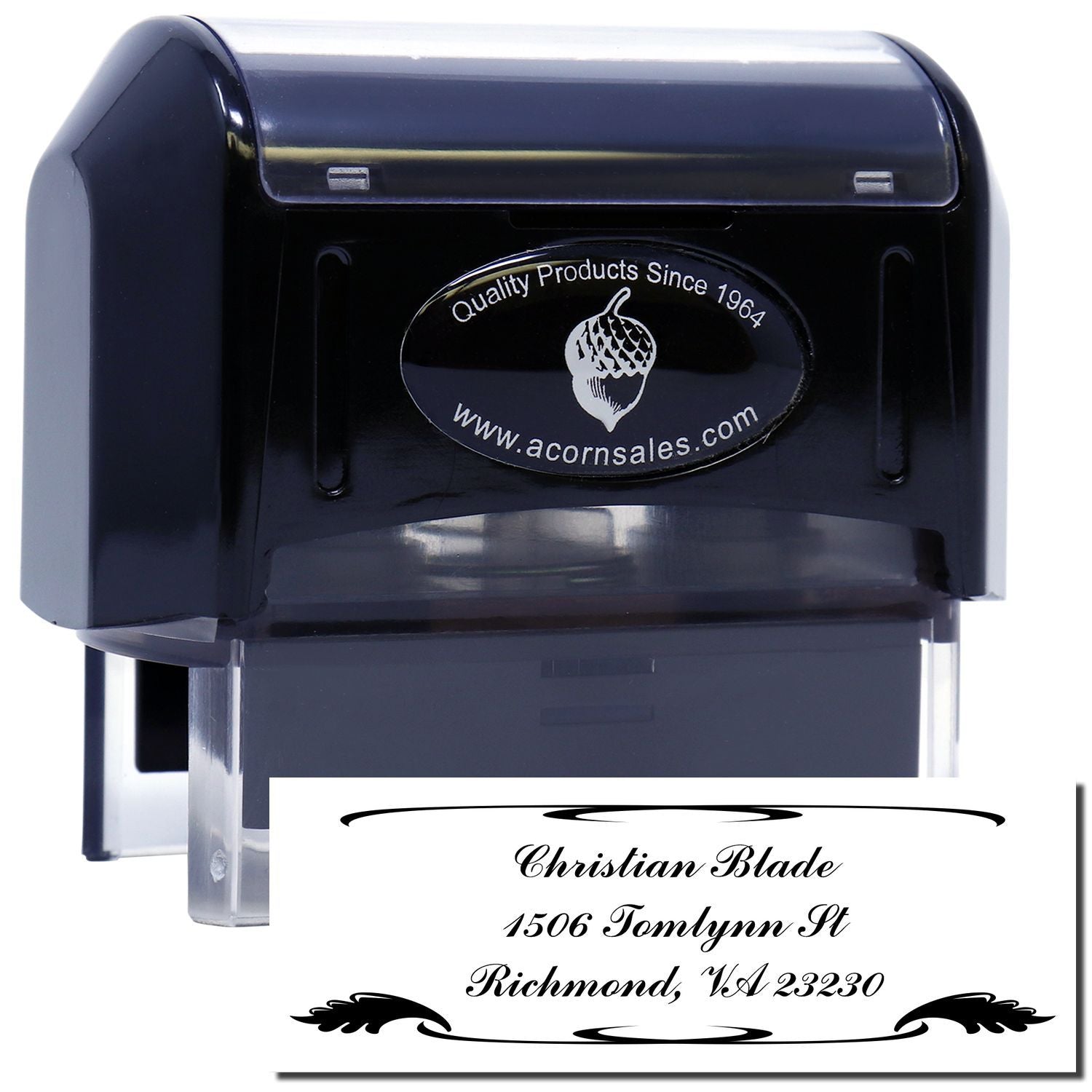 Custom self-inking address stamp with black ink impression for Christian Blade, Richmond, VA 23230.