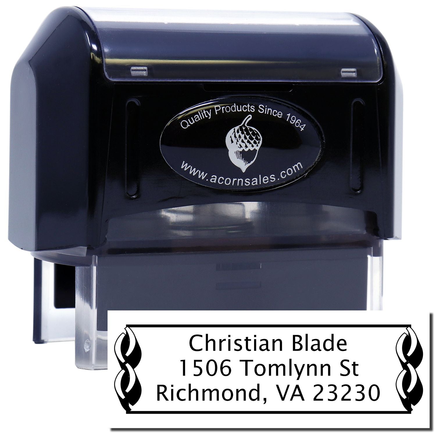 Custom self-inking return address rubber stamp for Christian Blade, Richmond, VA 23230, with decorative border design.