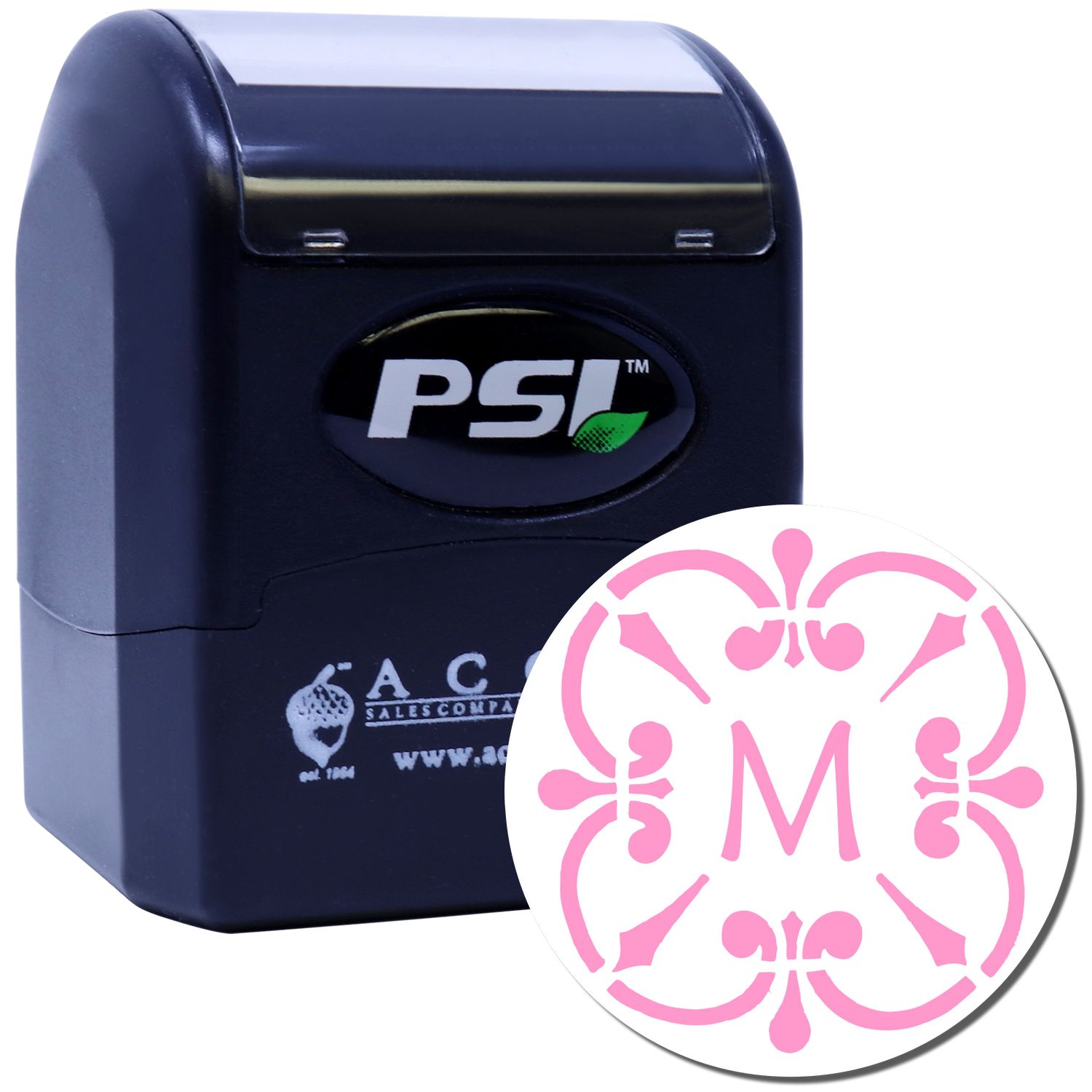 PSI self-inking custom rubber stamp with pink monogram M design for personalized business or wedding use.