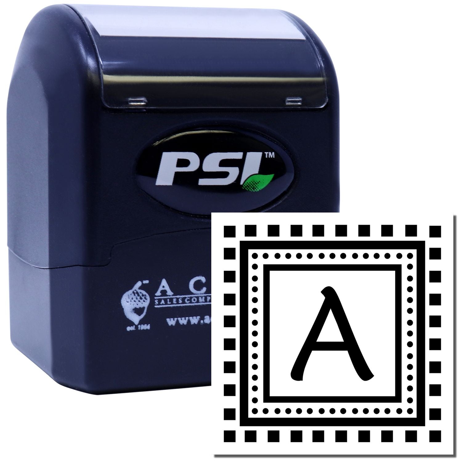 PSI custom rubber stamp with decorative square border and letter A, ideal for monogram or office use.