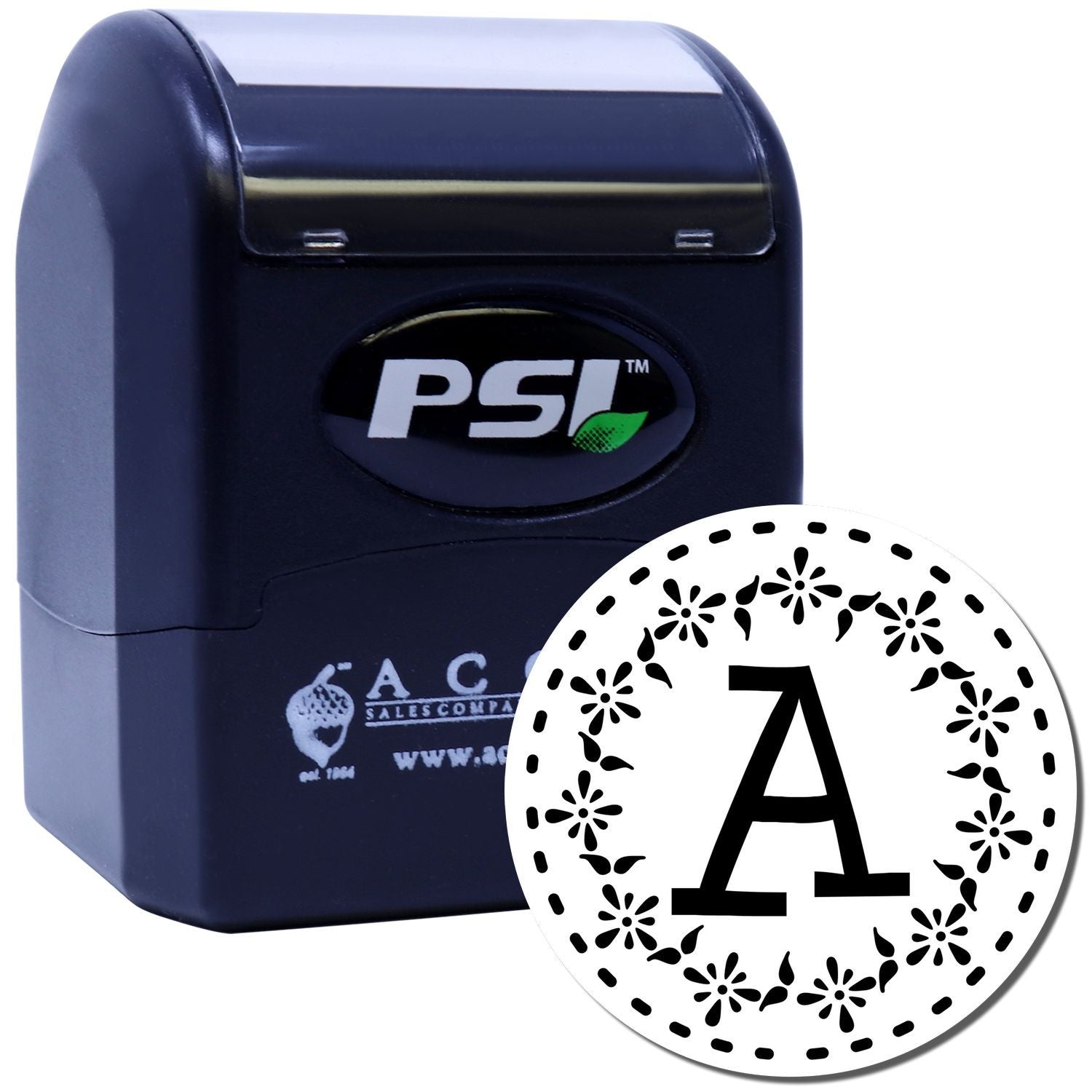 PSI self-inking rubber stamp with decorative floral letter A monogram for custom personalized stamping