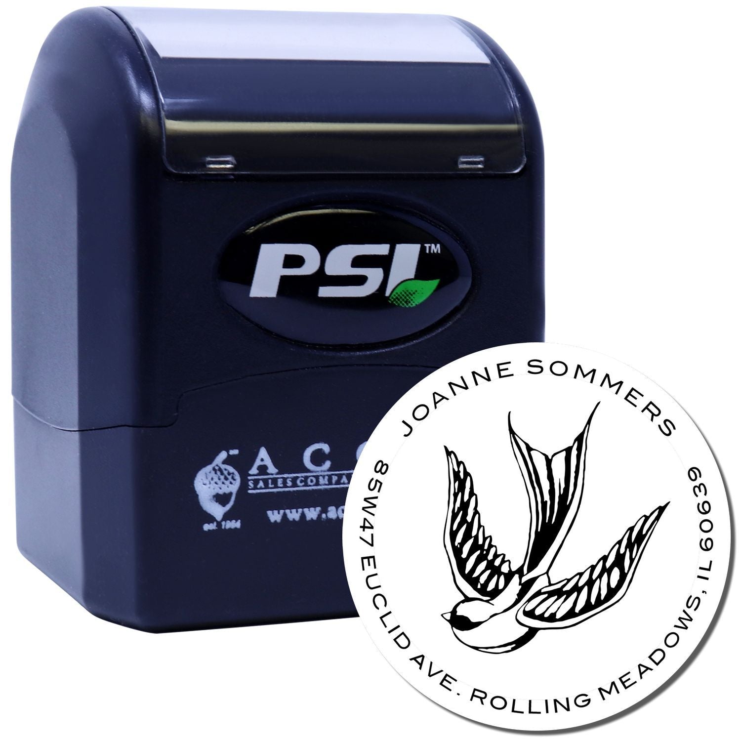 PSI self-inking custom rubber stamp with swallow return address design for envelopes and mailings