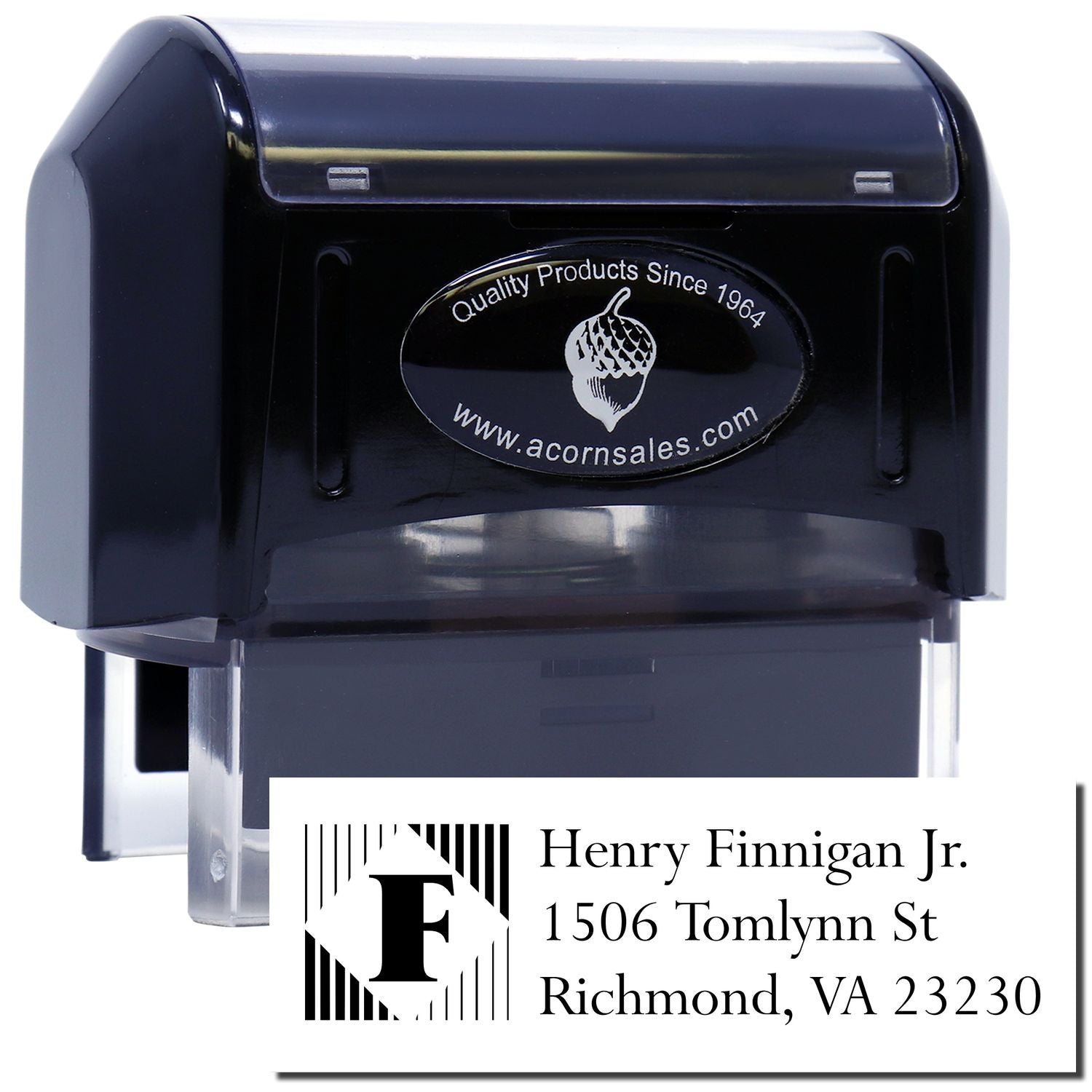 Custom self-inking address rubber stamp with monogram and return address imprint sample for mailing