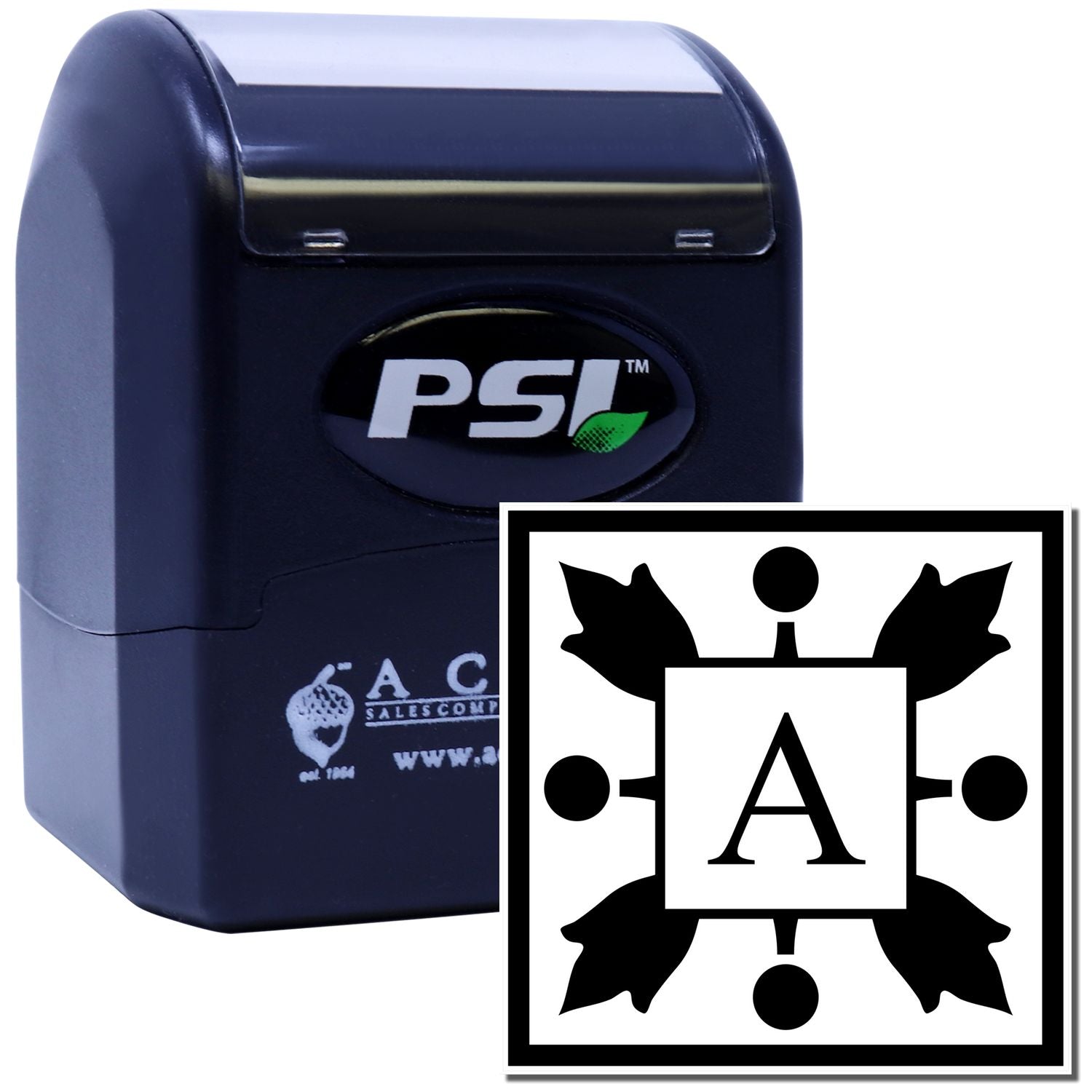 PSI self-inking rubber stamp with custom letter A monogram, ideal for personalized business branding and office marking.