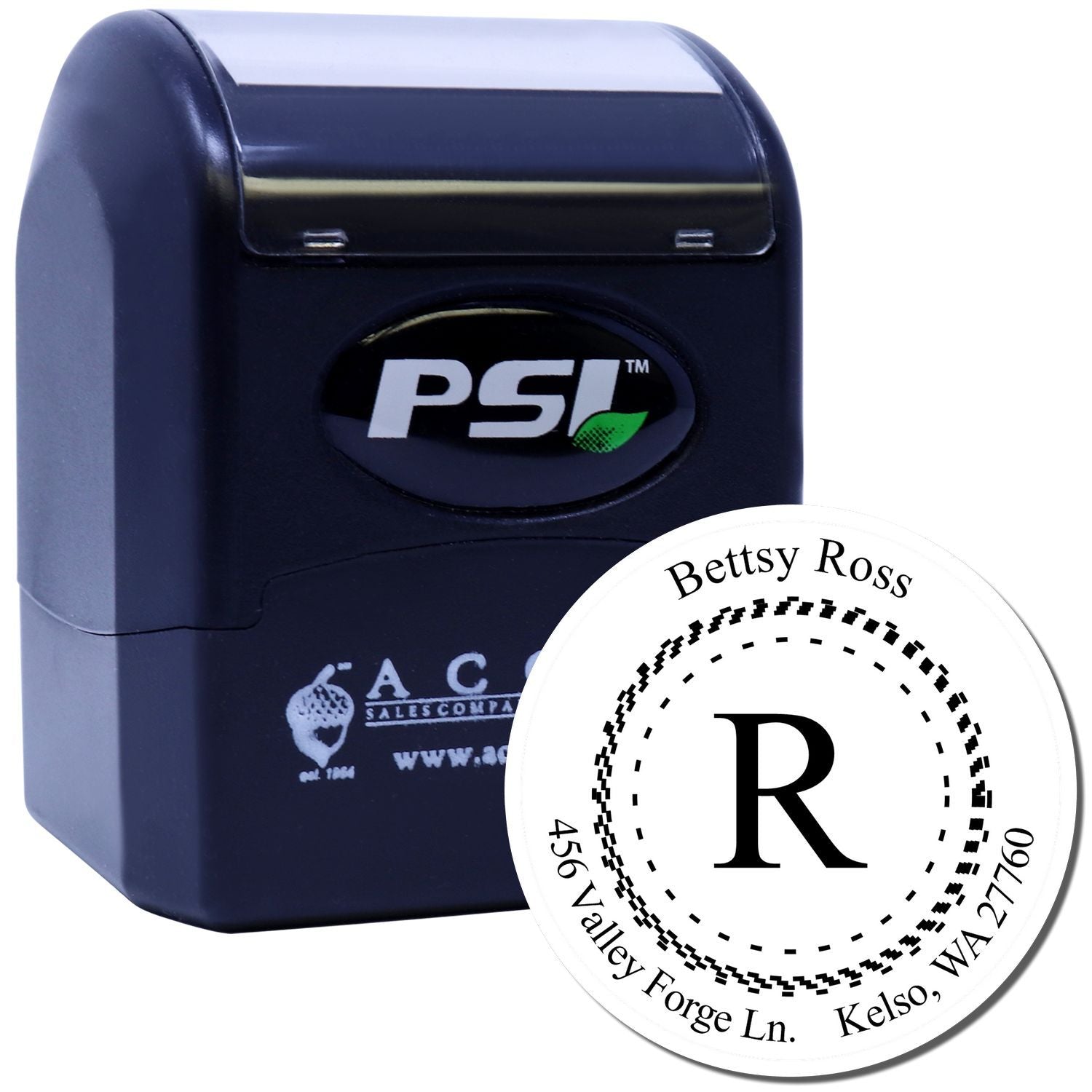 PSI self-inking rubber stamp with custom circular return address monogram for personalized mailing and business use.