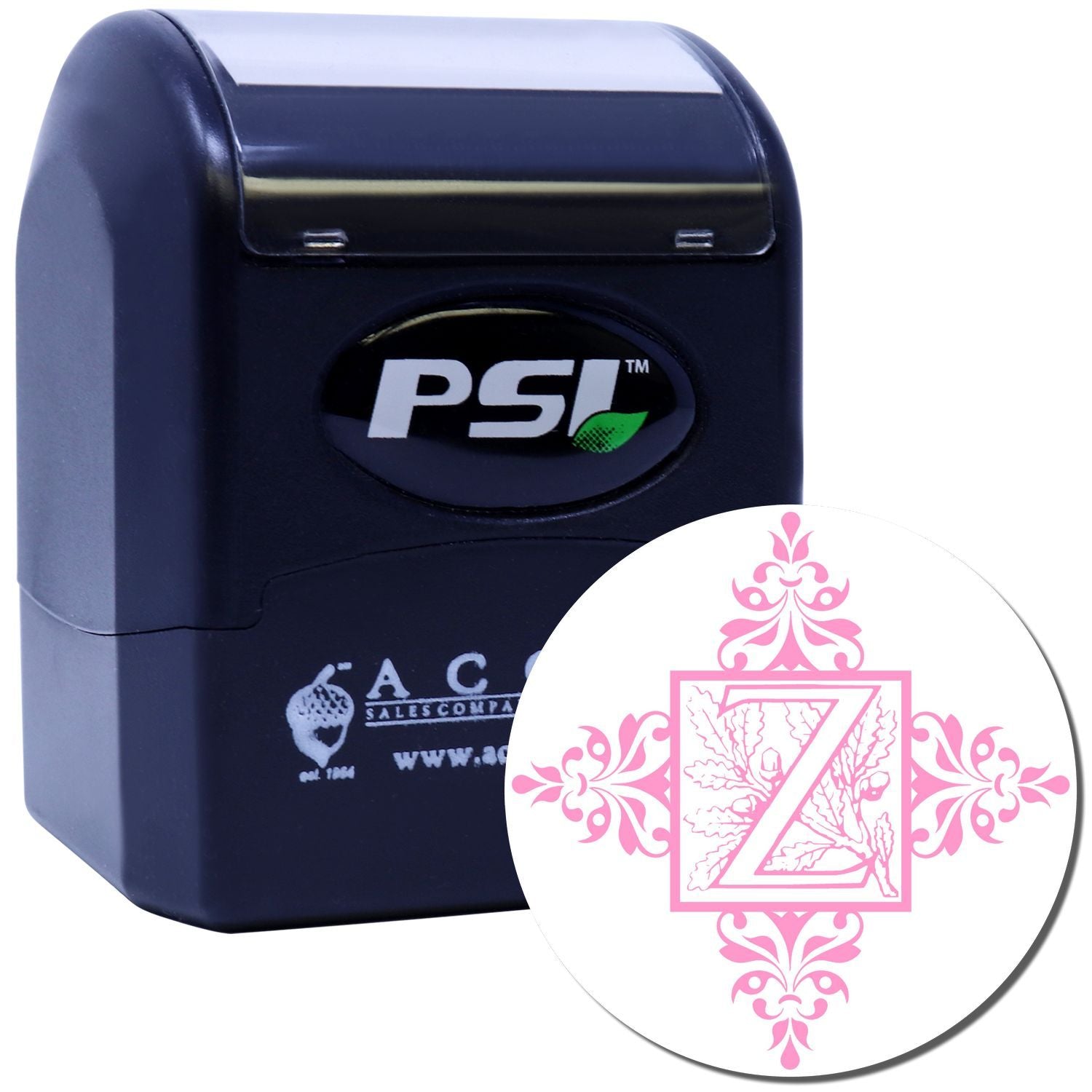 Custom self-inking rubber stamp with ornate pink monogram Z design for personalized stationery.