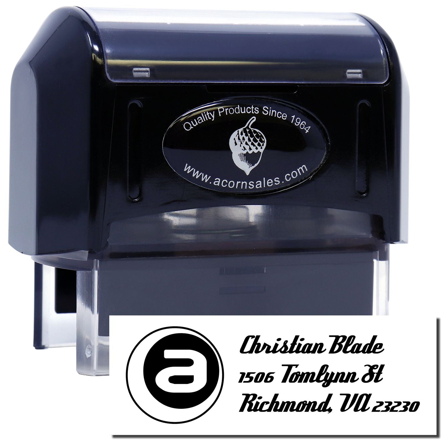 Self-inking custom rubber stamp with personalized address impression for business mailing and branding.