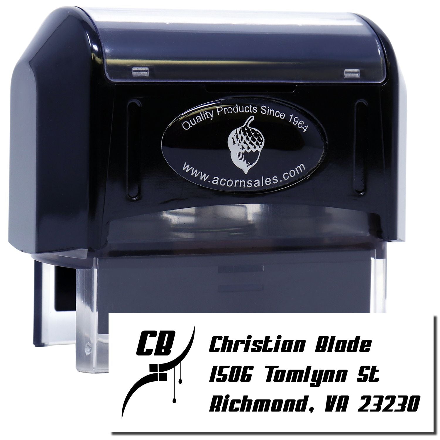 Custom self-inking rubber stamp for return address printing, featuring Christian Blade, Richmond, VA 23230