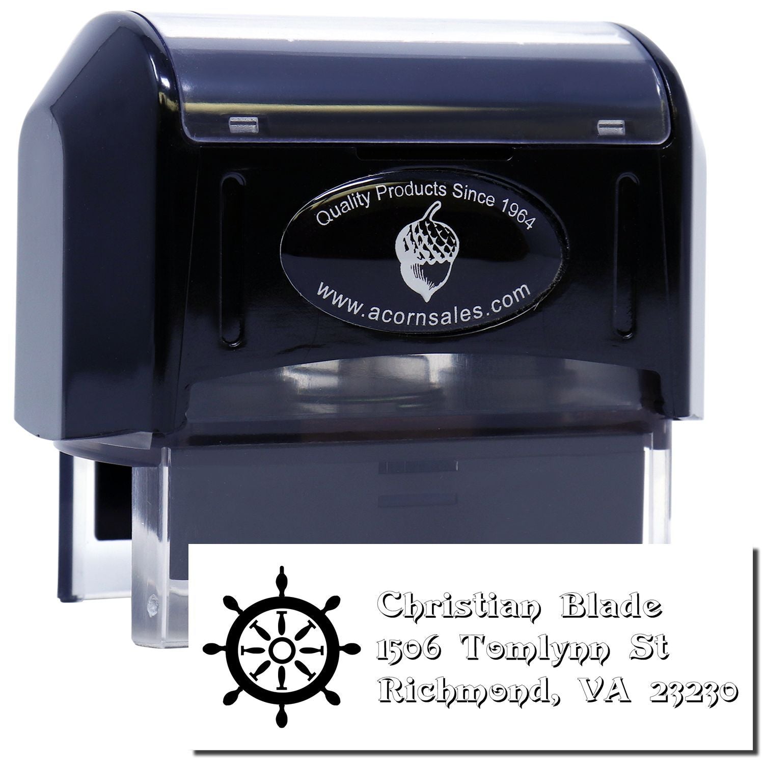 Custom self-inking rubber stamp with nautical logo and address imprint for business use.