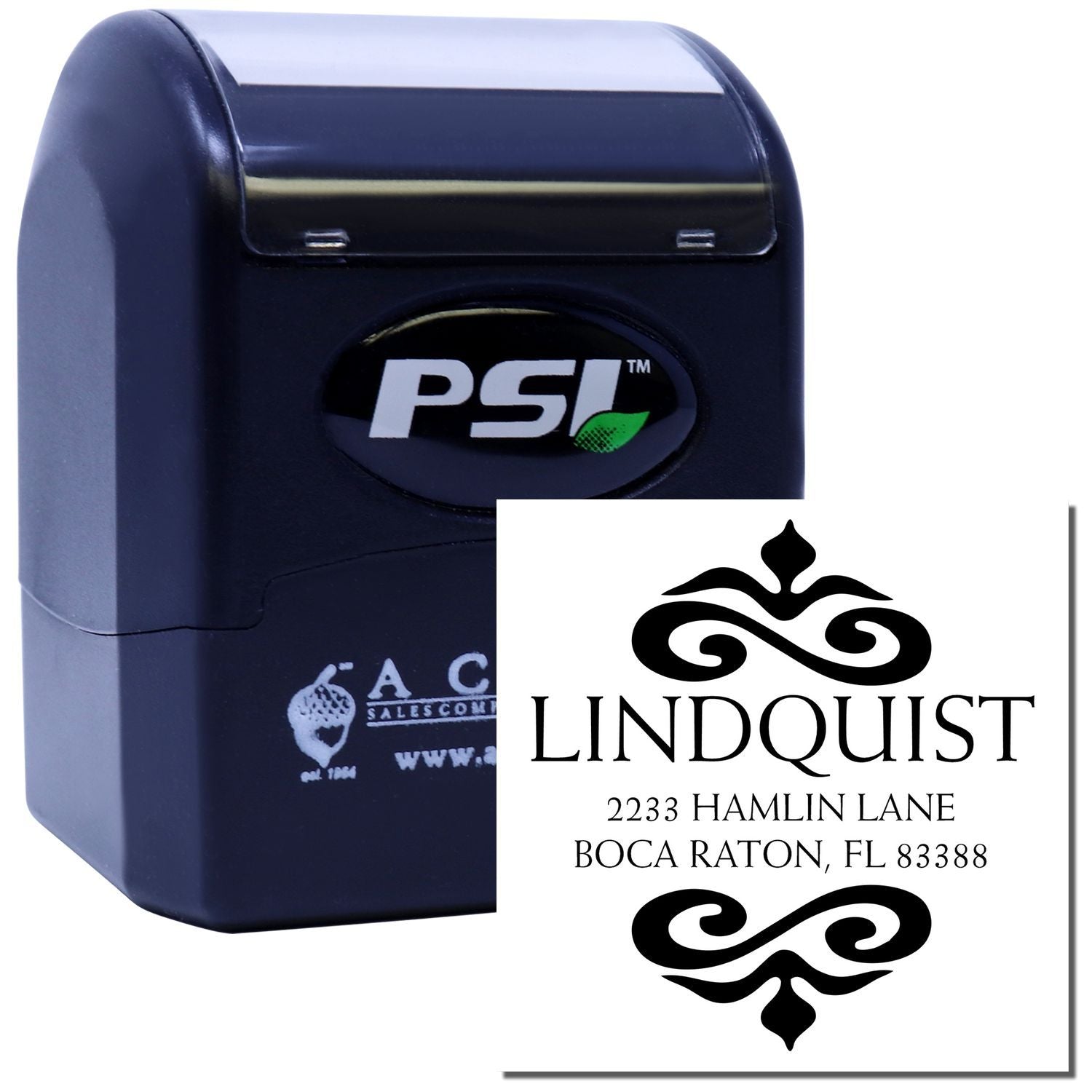 PSI self-inking custom address rubber stamp for Lindquist, ideal for business mailings and return-address use.