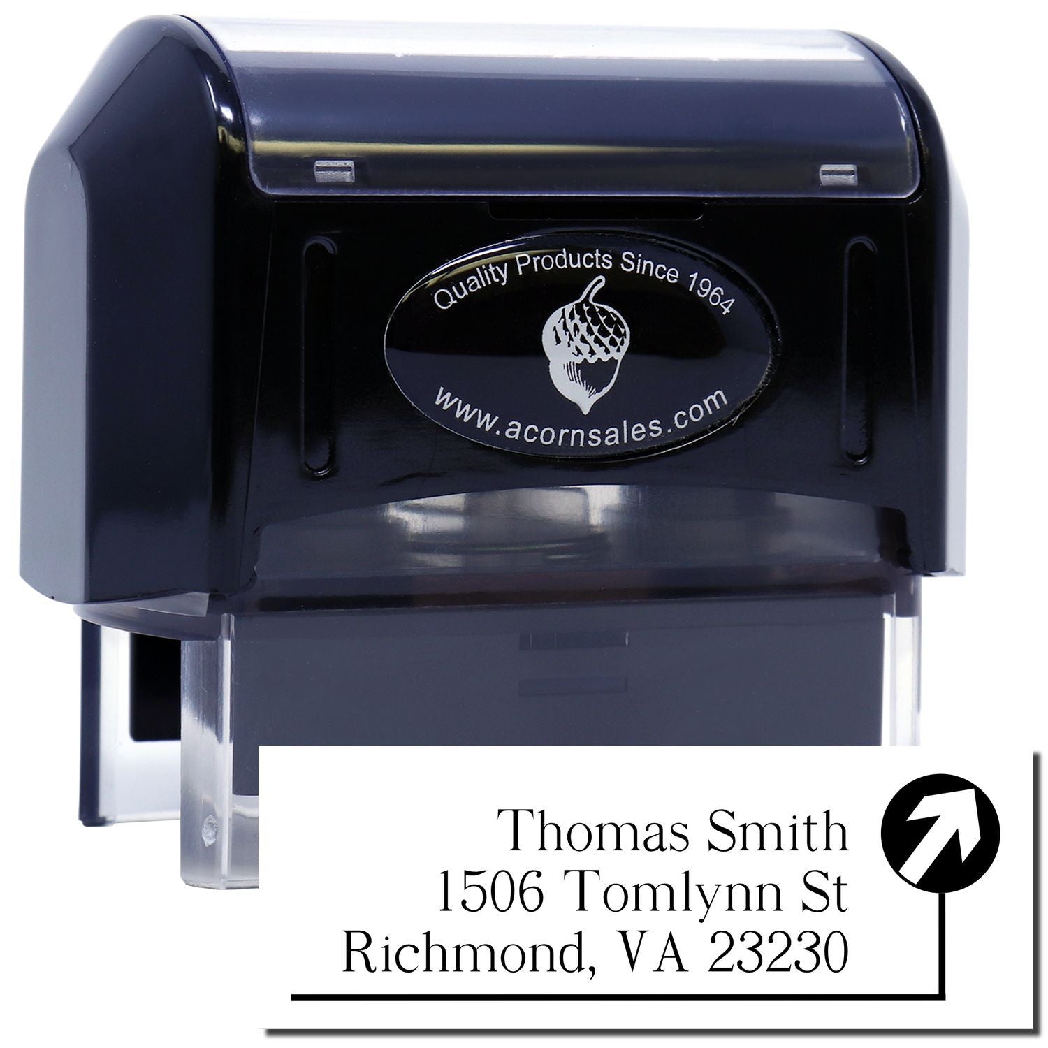 Custom self-inking address rubber stamp showing Thomas Smith Richmond, VA return address imprint