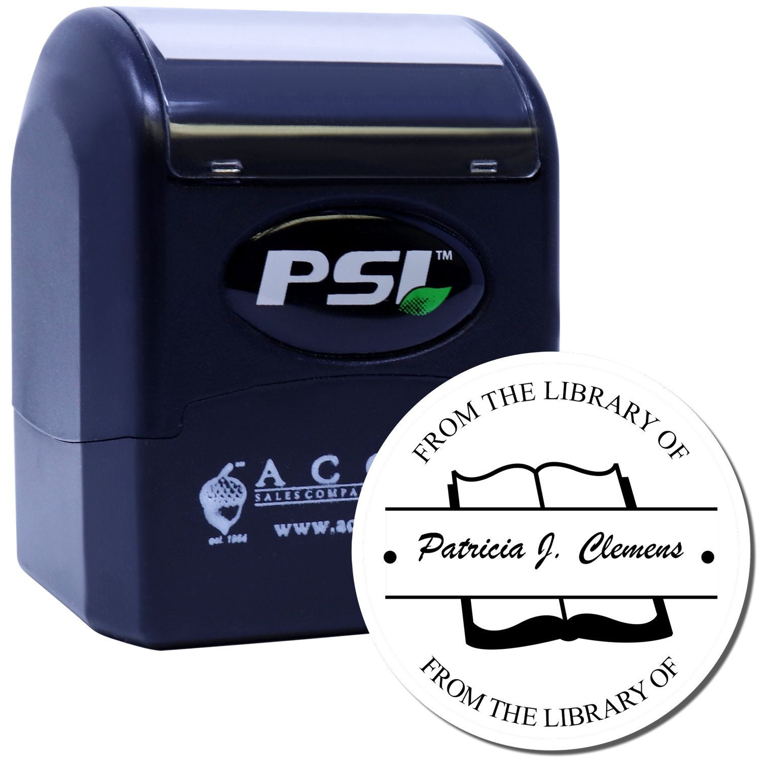 PSI self-inking custom rubber stamp with library bookplate design and personalized From the Library of Patricia J. Clemens text