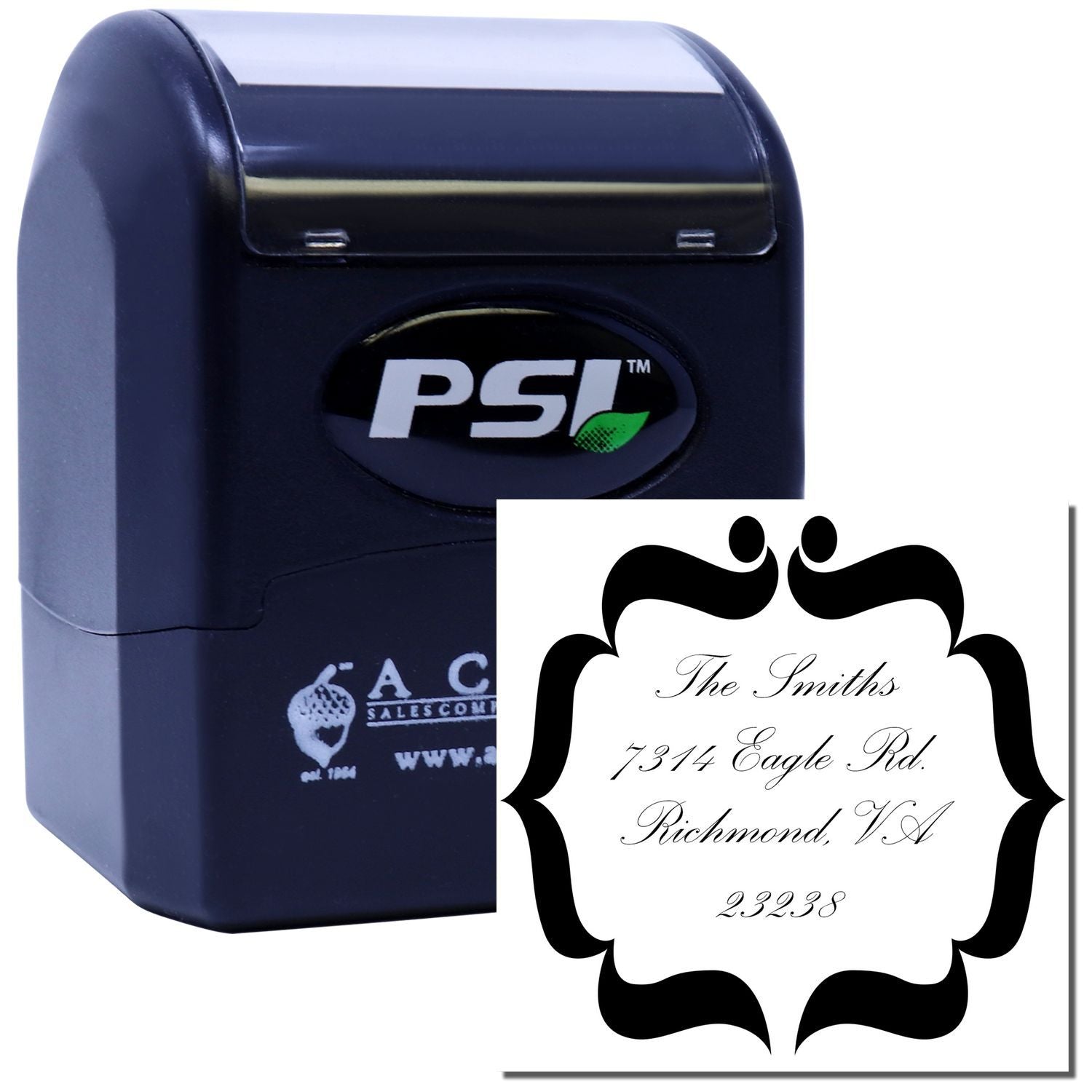 PSI self-inking custom address rubber stamp with decorative frame, ideal for personalized mailing and stationery.