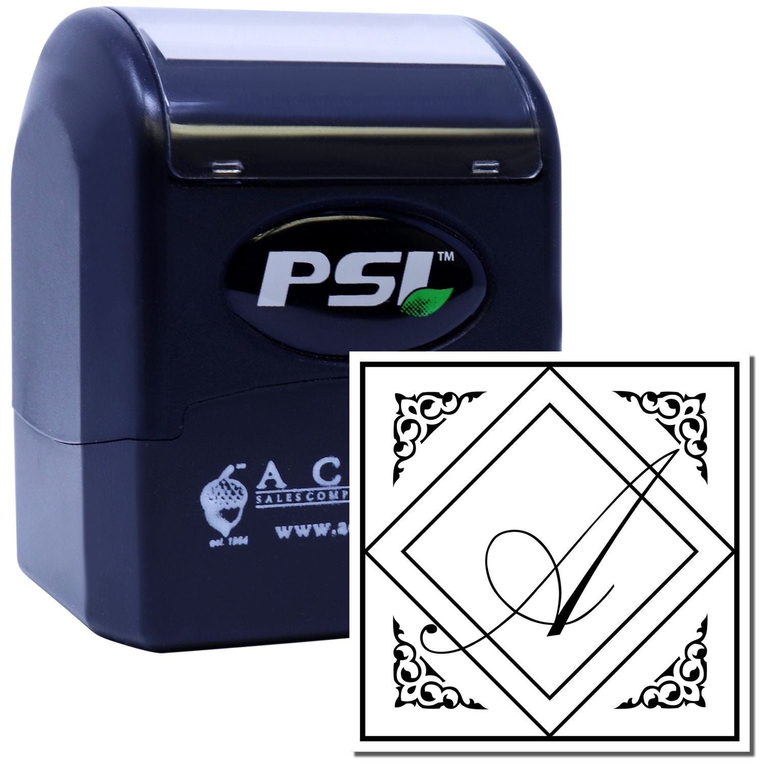 PSI self-inking rubber stamp with ornate monogram imprint, ideal for custom business branding, invitations, and crafts.