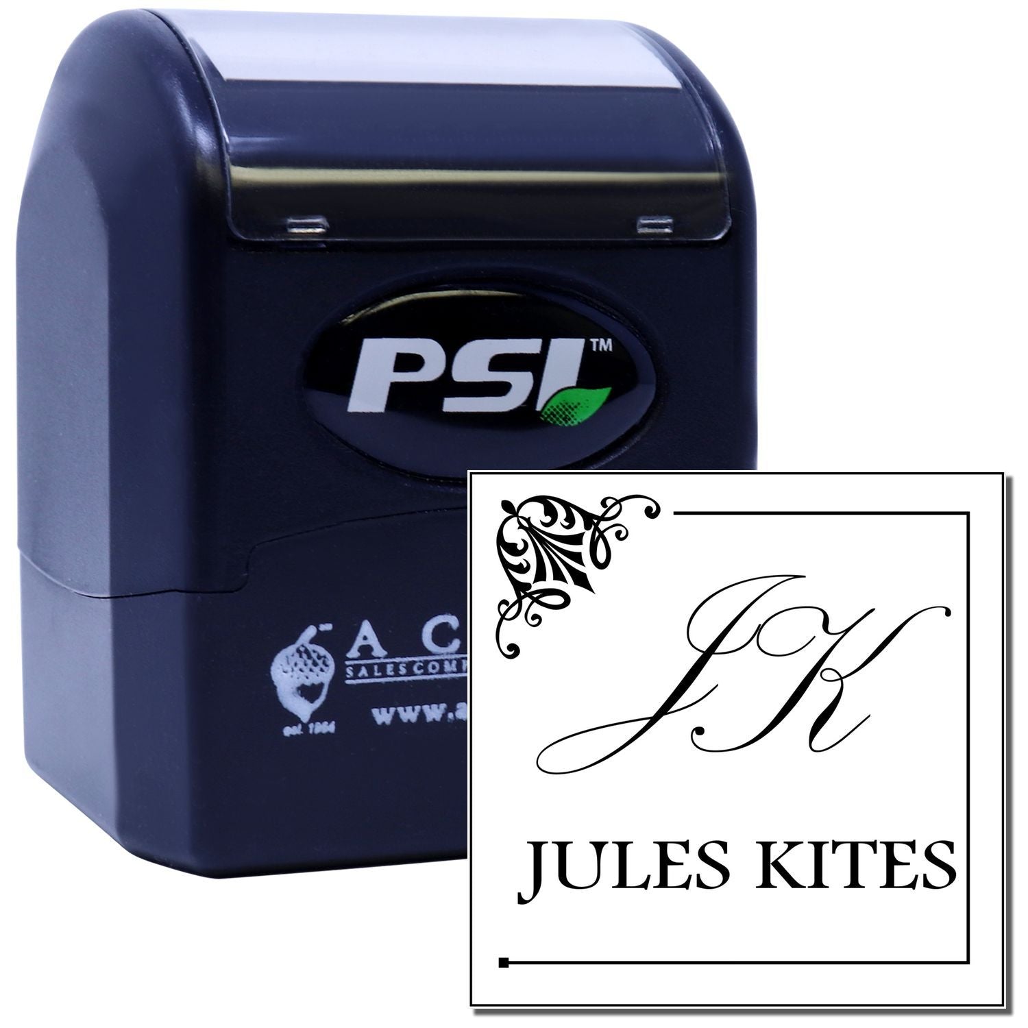 Custom self-inking rubber stamp with ornate JK monogram and Jules Kites name, shown on a PSI stamp body.