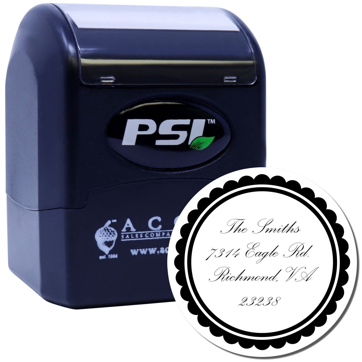 PSI self-inking custom round address rubber stamp for envelopes, featuring a return address design for mailings.