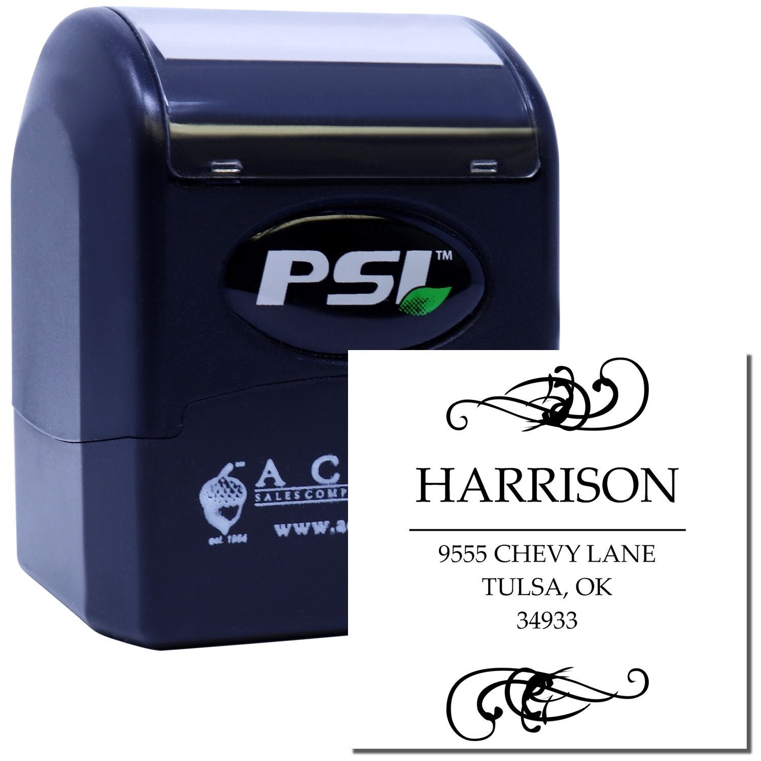 PSI self-inking rubber stamp with custom return address design for business mailings and branding.