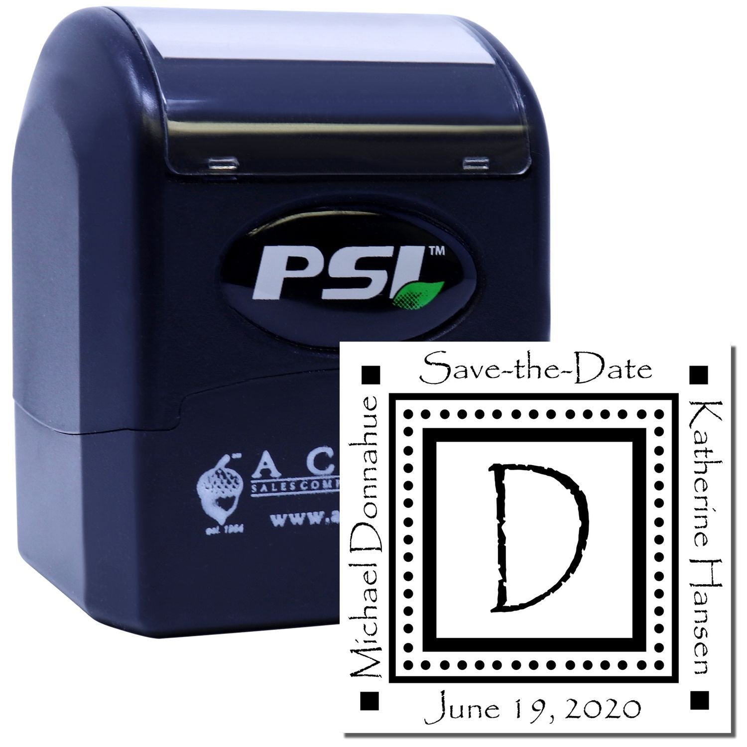 Custom self-inking rubber stamp for wedding save-the-date invitations with monogram D and names Michael, Katherine, June 19, 2020.
