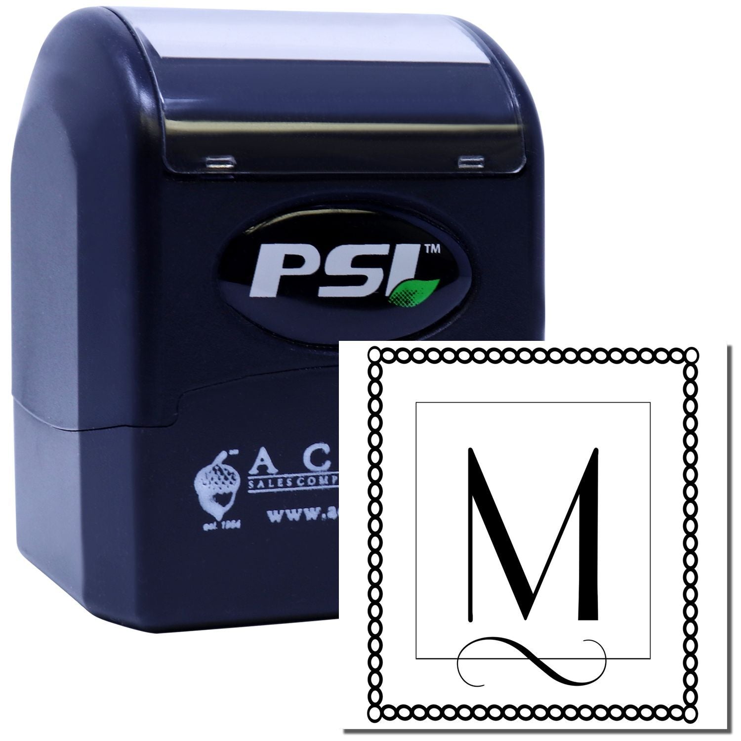 PSI self-inking monogram rubber stamp with decorative border, custom initial M for business branding and stationery.