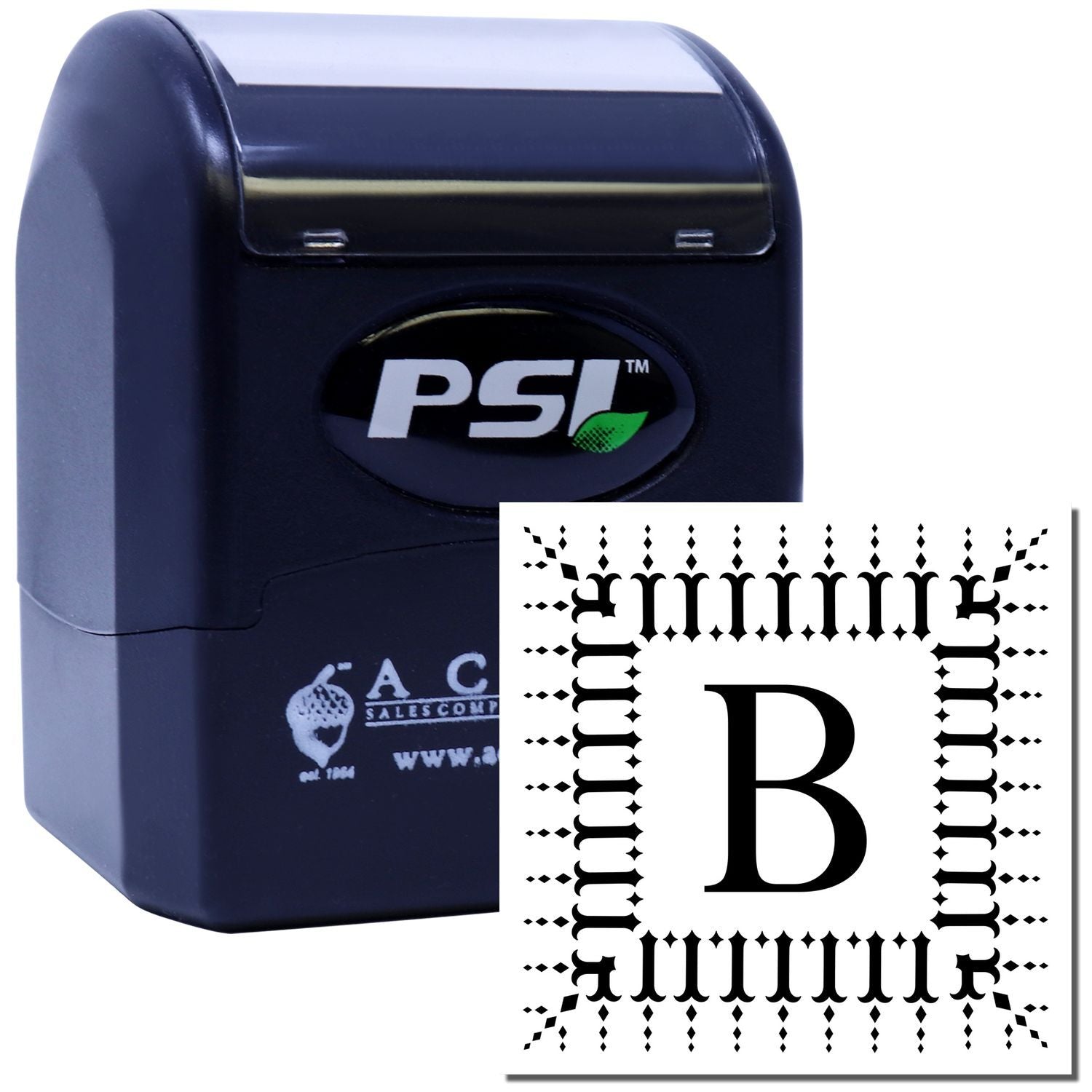 PSI self-inking rubber stamp with decorative monogram letter B for custom business and office branding.