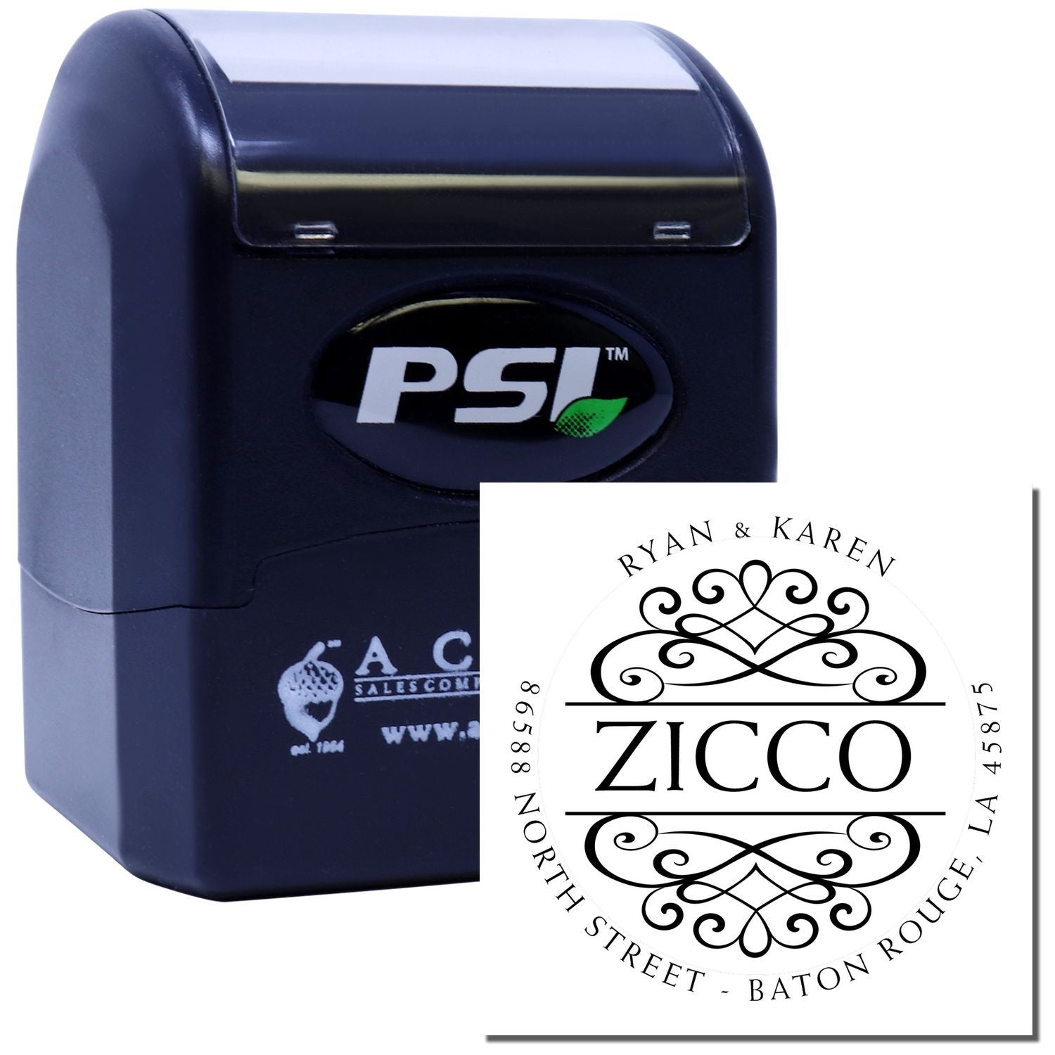 Custom PSI self-inking address stamp with monogram design for Ryan & Karen Zicco, ideal for personalized wedding envelopes.