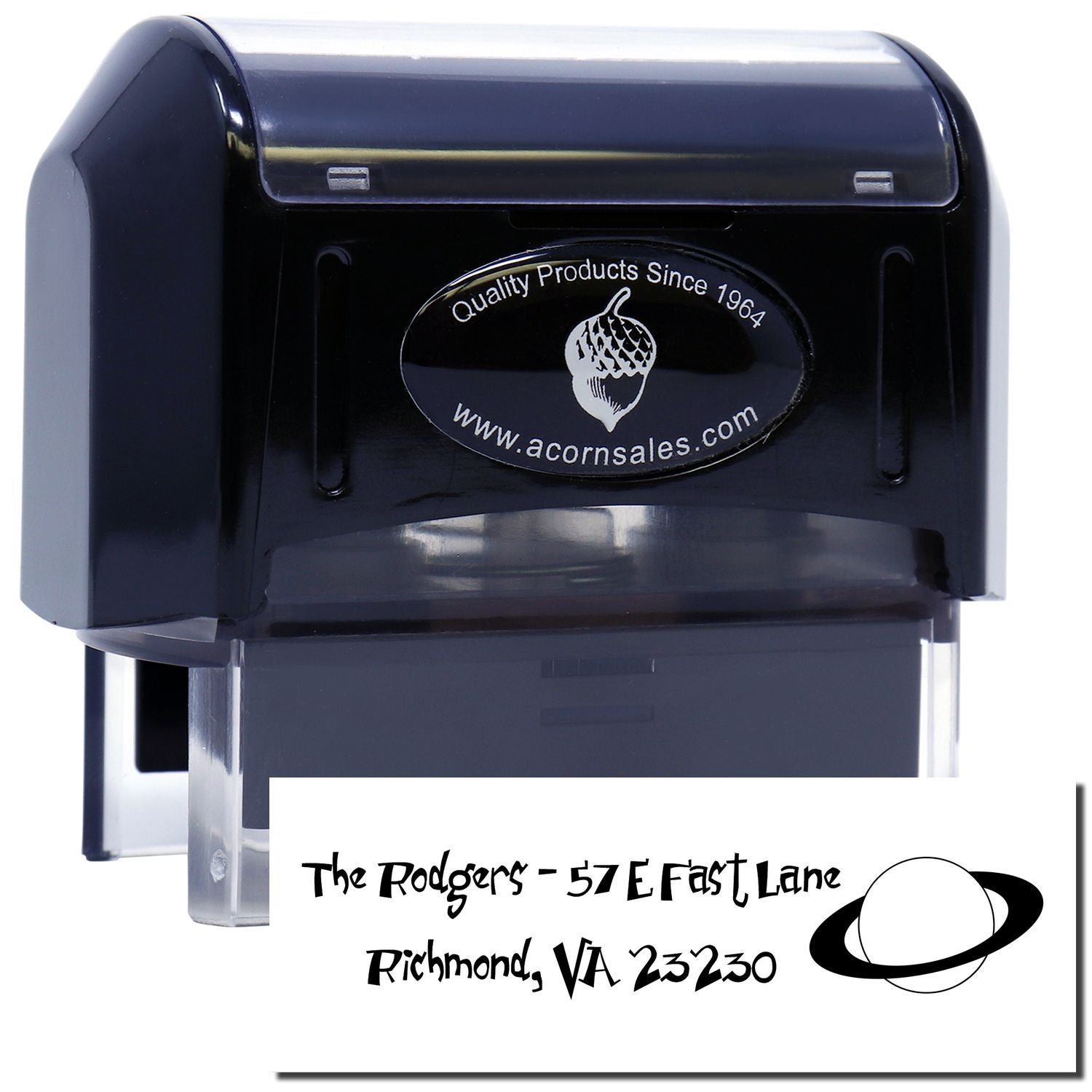 Custom self-inking rubber address stamp with return address for The Rodgers, Richmond, VA 23230