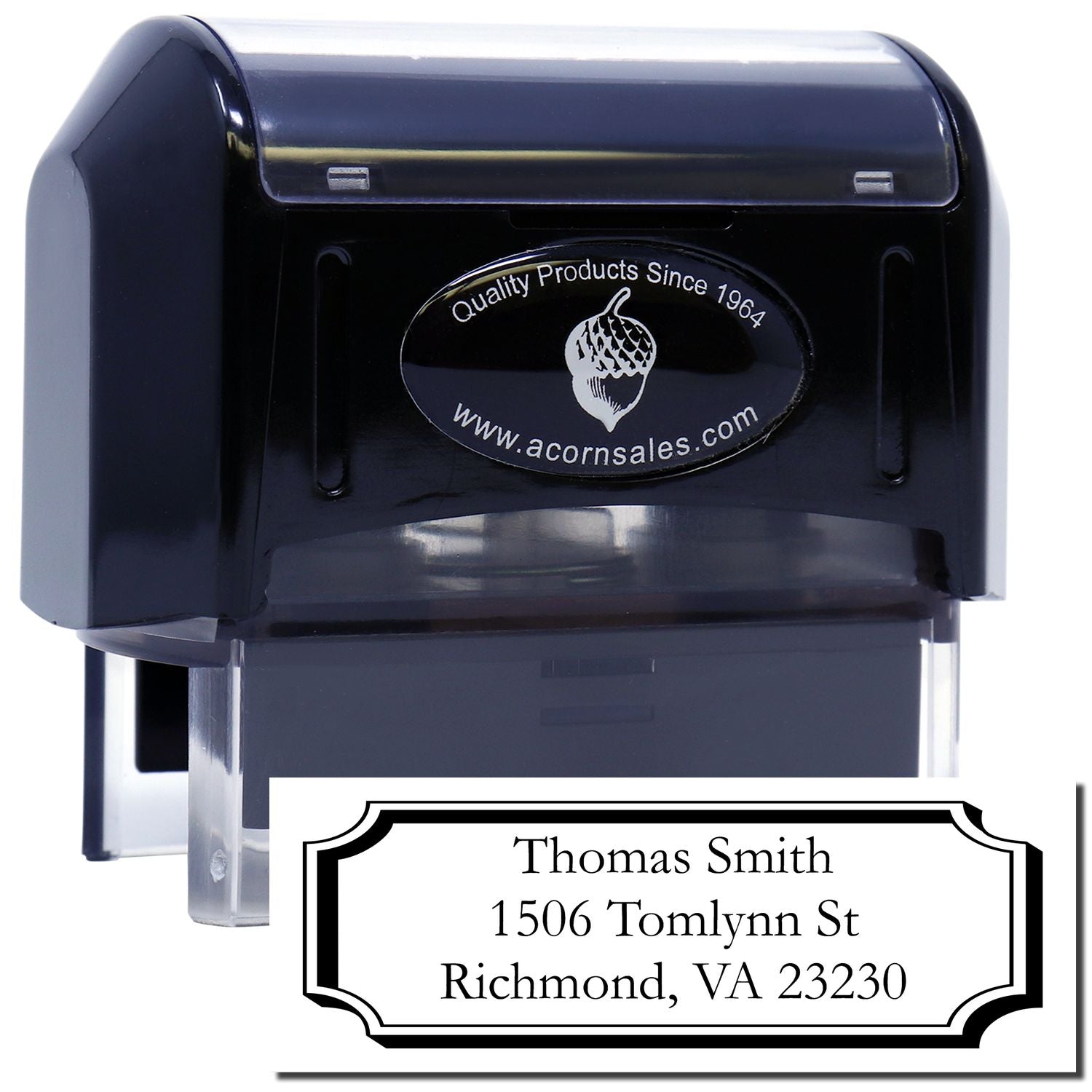 Custom self-inking return address rubber stamp with Thomas Smith, 1506 Tomlynn St, Richmond, VA 23230.