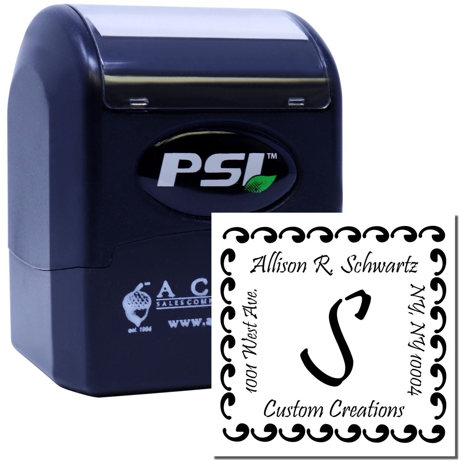 PSI custom self-inking rubber stamp with personalized monogram return address design for mailing and business branding