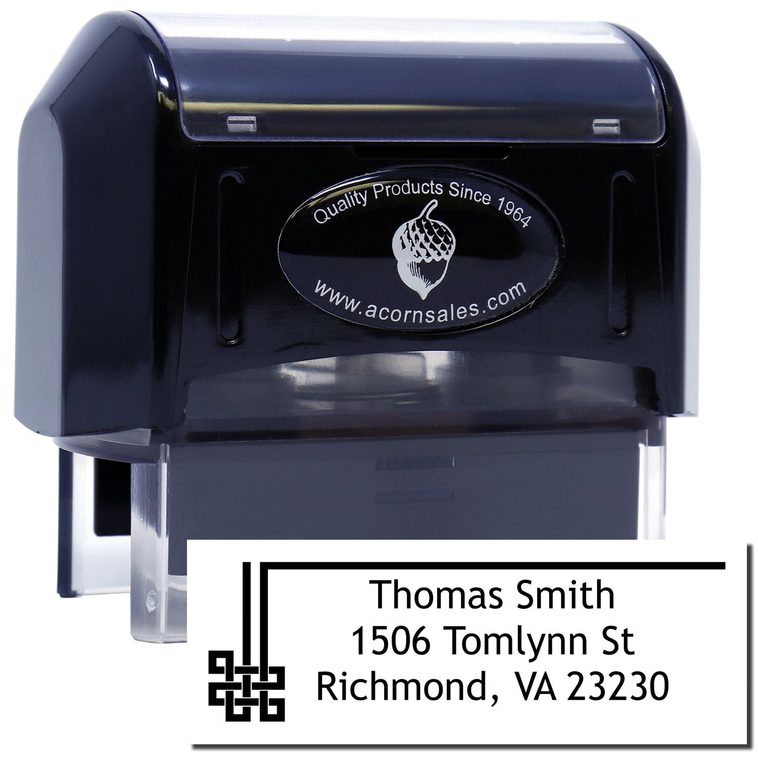 Custom self-inking address rubber stamp for Thomas Smith, Richmond VA 23230, with decorative corner design.