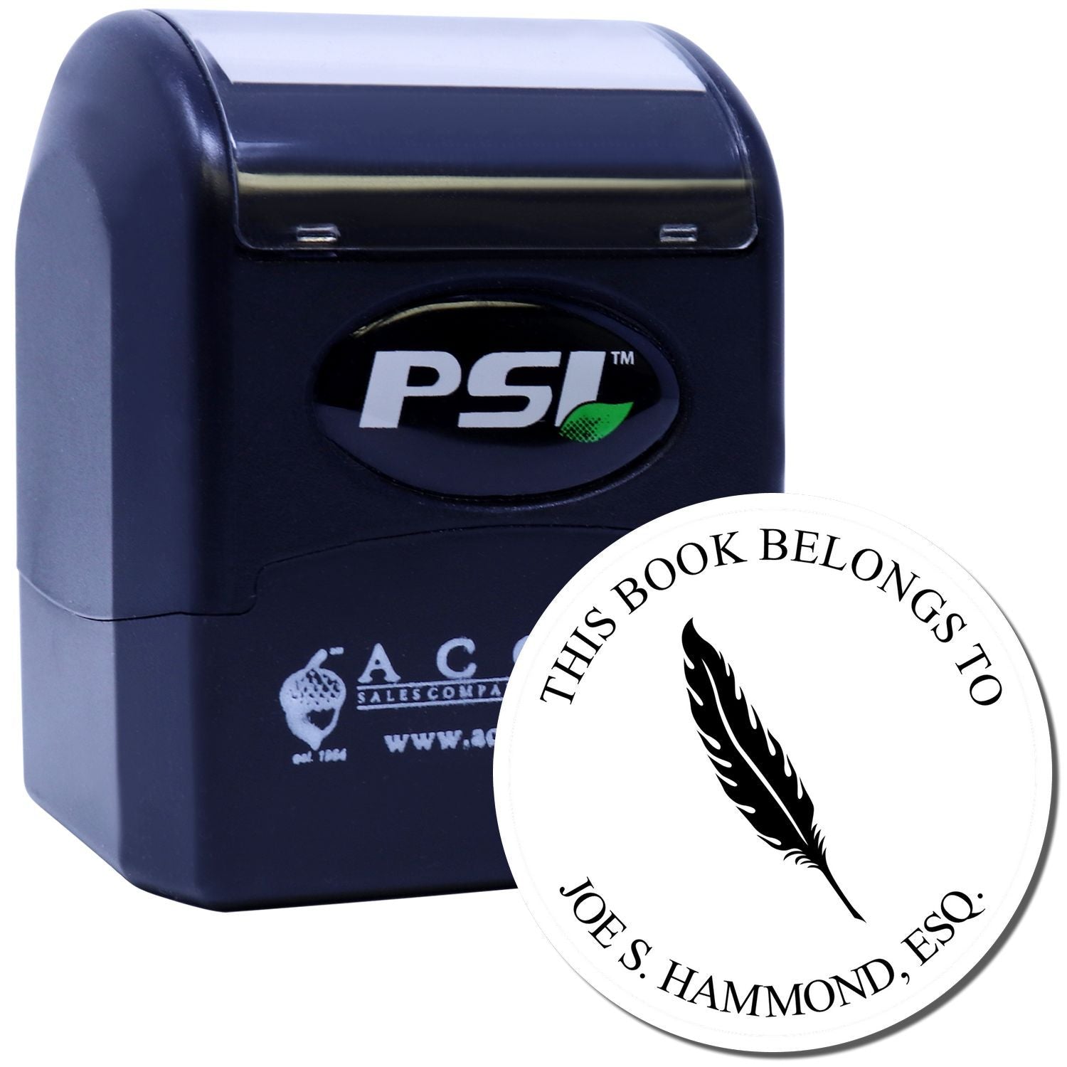 PSI self-inking rubber stamp with custom bookplate design, This Book Belongs To Joe S. Hammond, Esq.