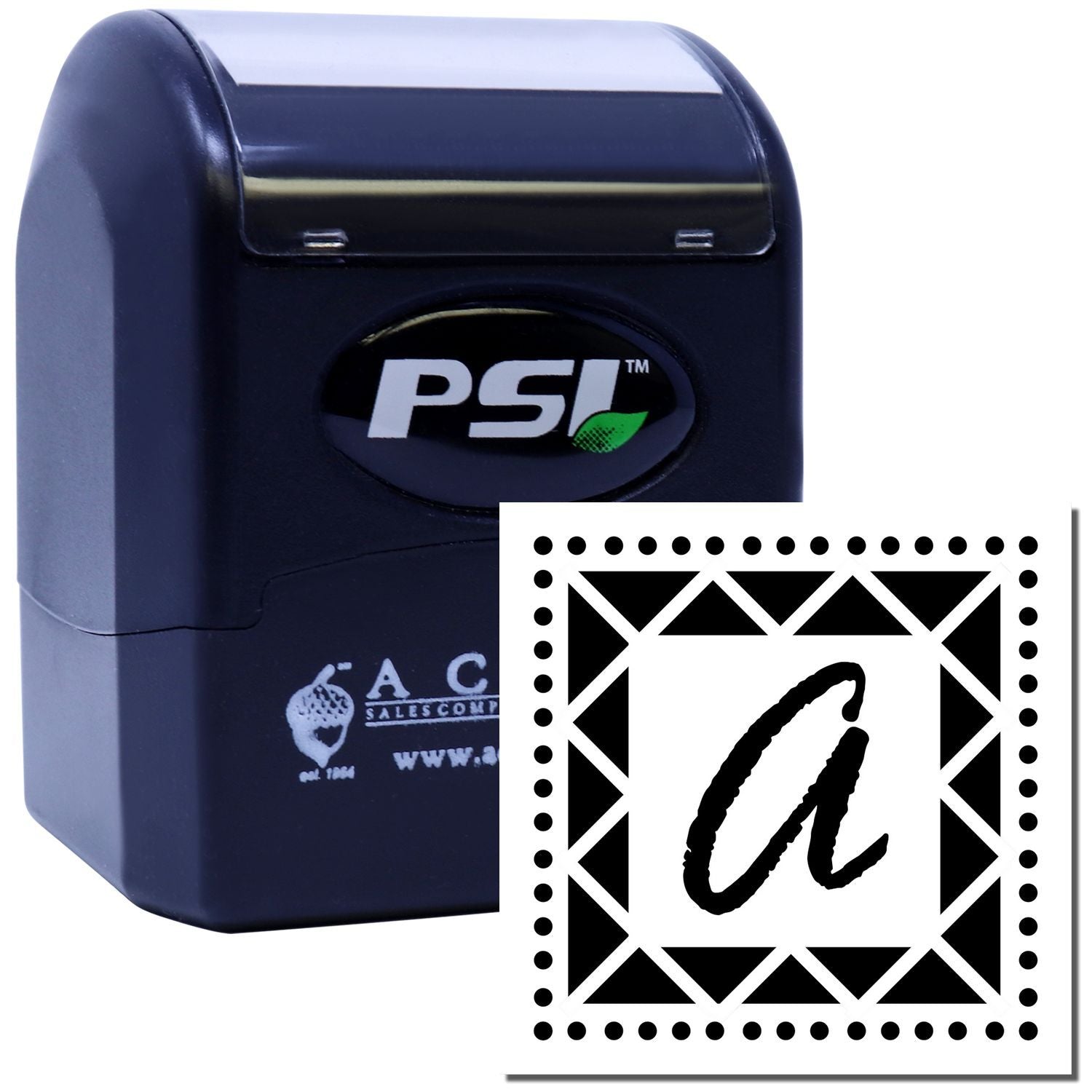 Custom PSI self-inking rubber stamp with square monogram design for business branding.