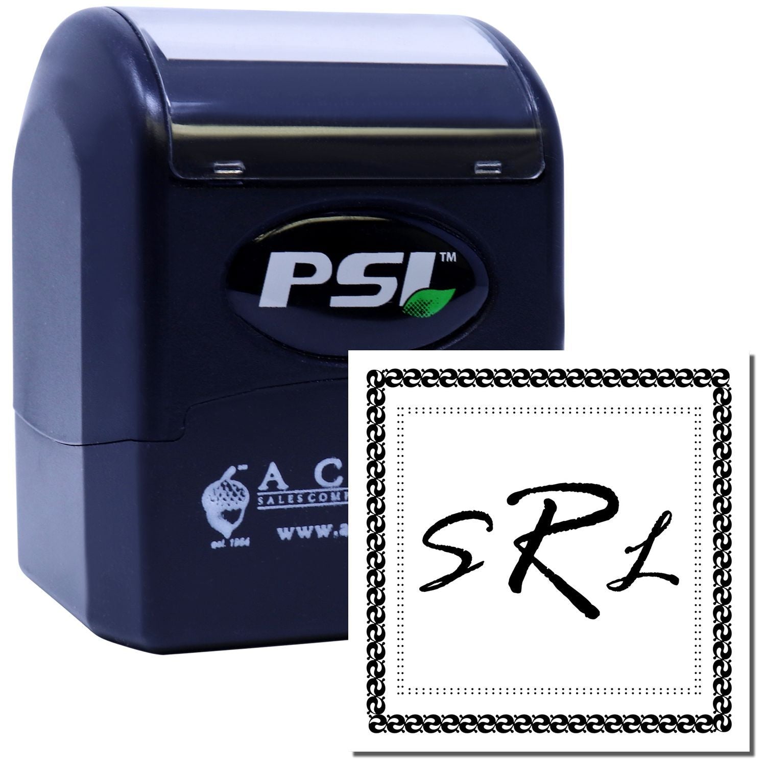 PSI custom self-inking rubber stamp with decorative square border and monogram imprint for business or personal use.