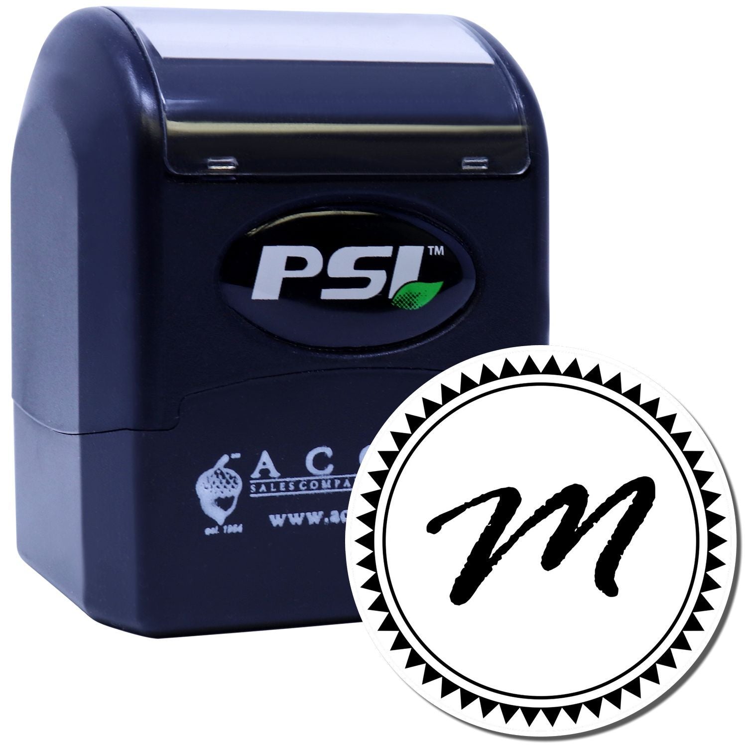 PSI self-inking custom rubber stamp with circular monogram logo, ideal for branded business paperwork and packaging.